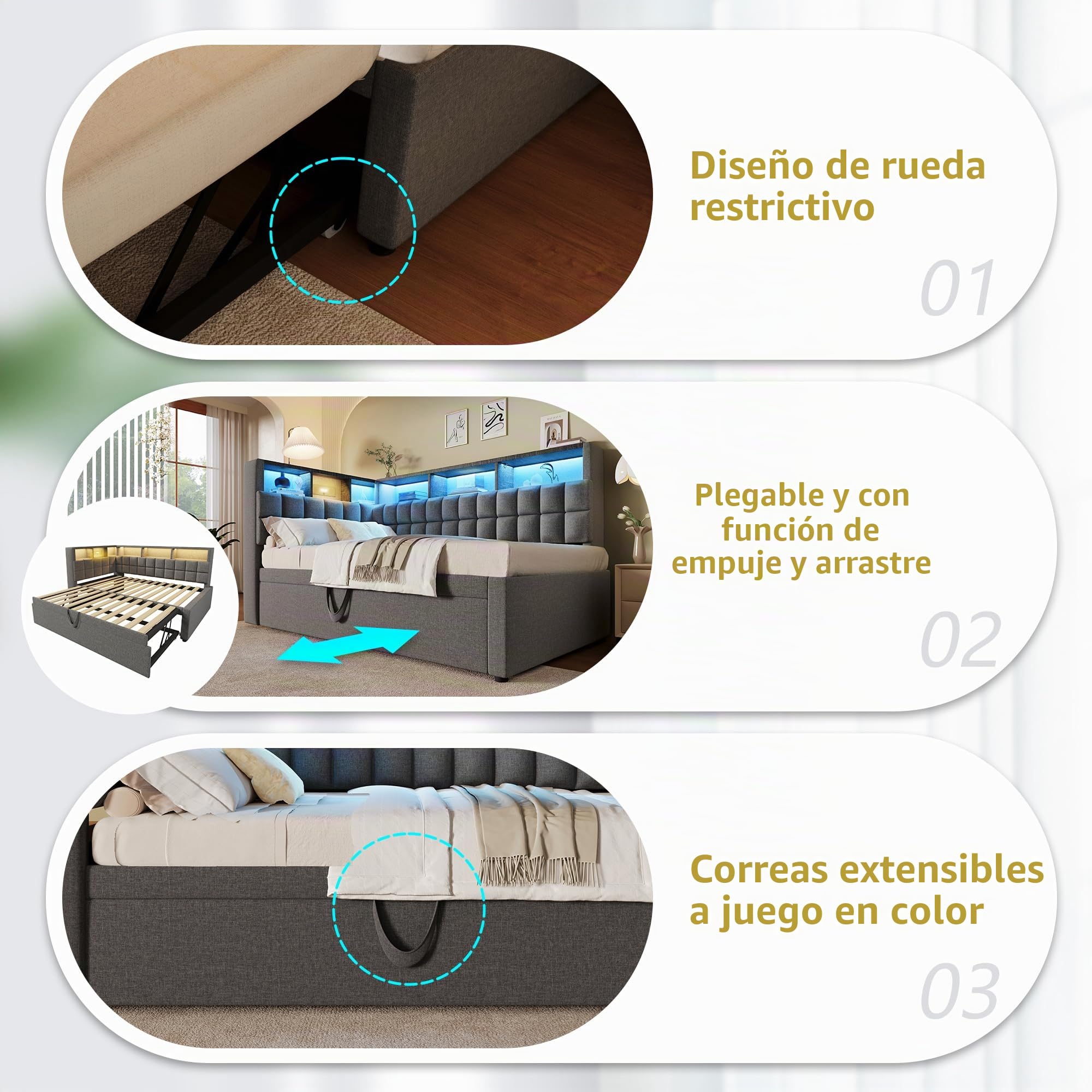 Cama tapizada de 90 x 200 cm, cama de día con cama nido, sofá cama con LED y puerto de carga USB y tipo C, altavoz Bluetooth, cabecero en L con estante de almacenamiento, lino, sin colchón (gris