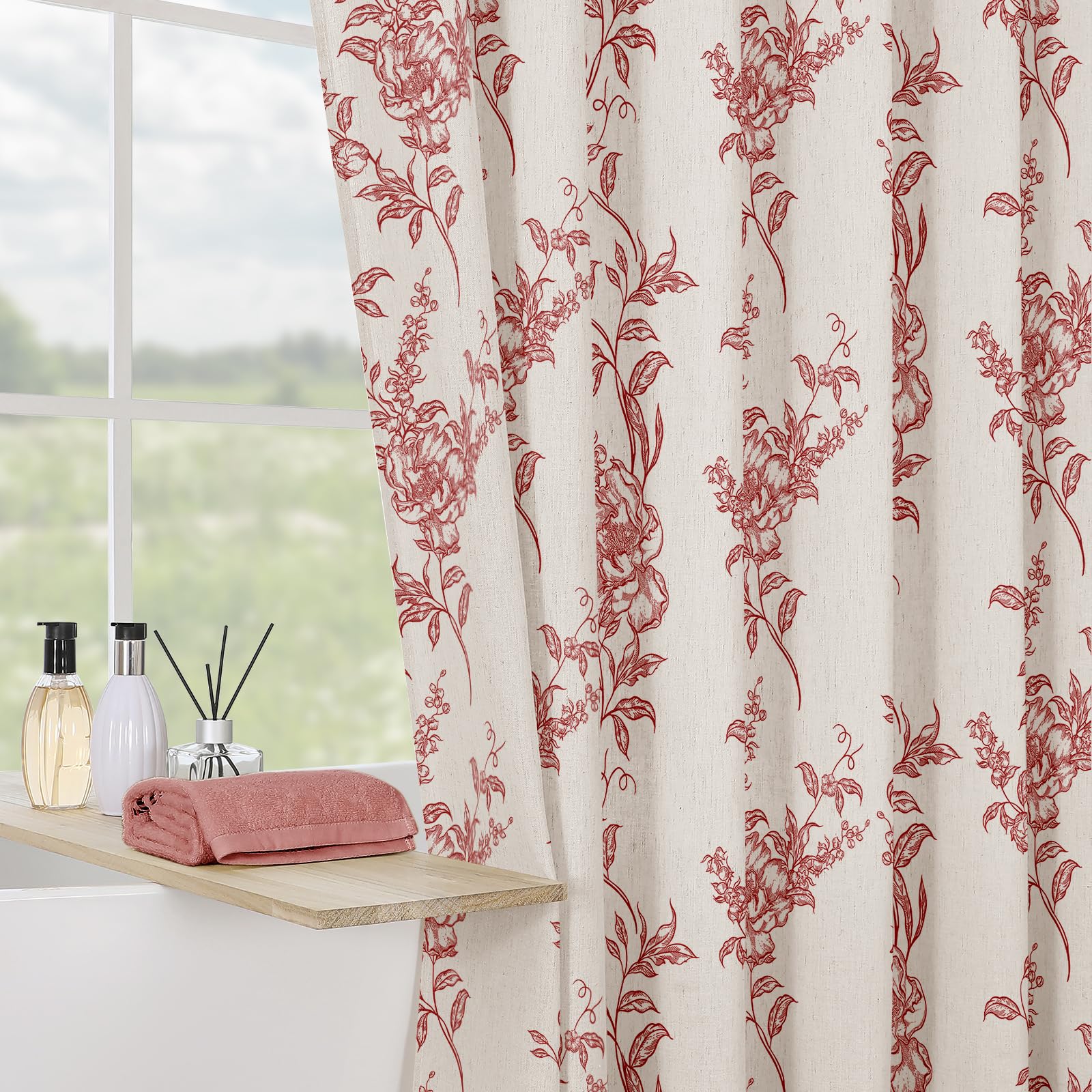 Craidlela Red Linen Farmhouse Shower Curtain, Vintage Boho Floral Bathroom 72x84