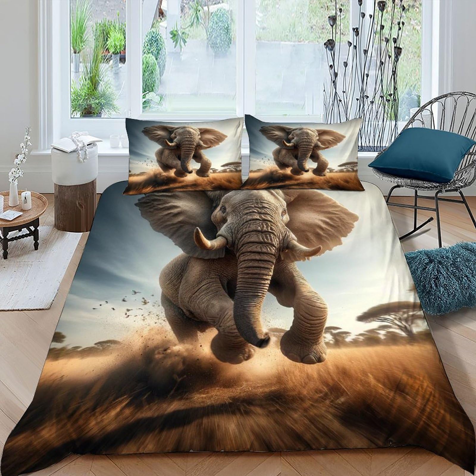 Housse de couette animal éléphant en microfibre 220x240 cm pour lit King avec taies