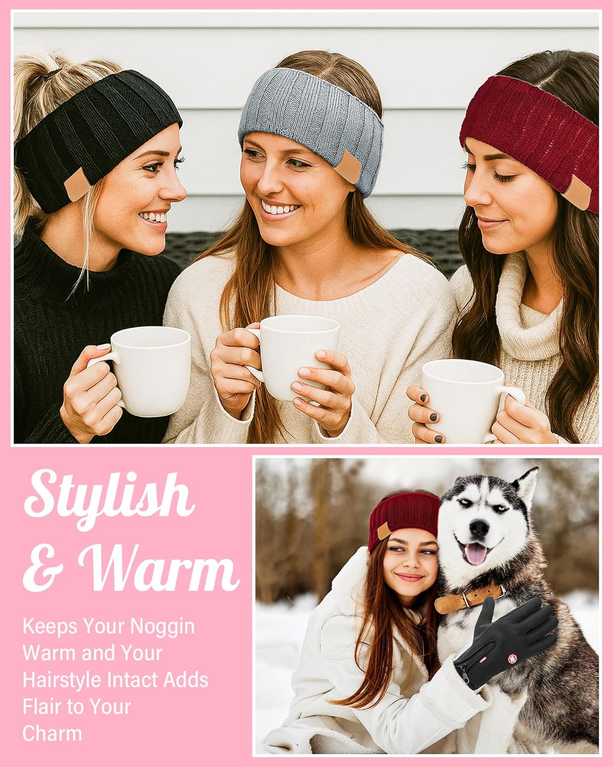 JaGely 6 Pieces Winter Headbands and Glove Set Warm Gift Fleece Lined Ear Muff Touchscreen Waterproof Running Glove Women Man - Image 4