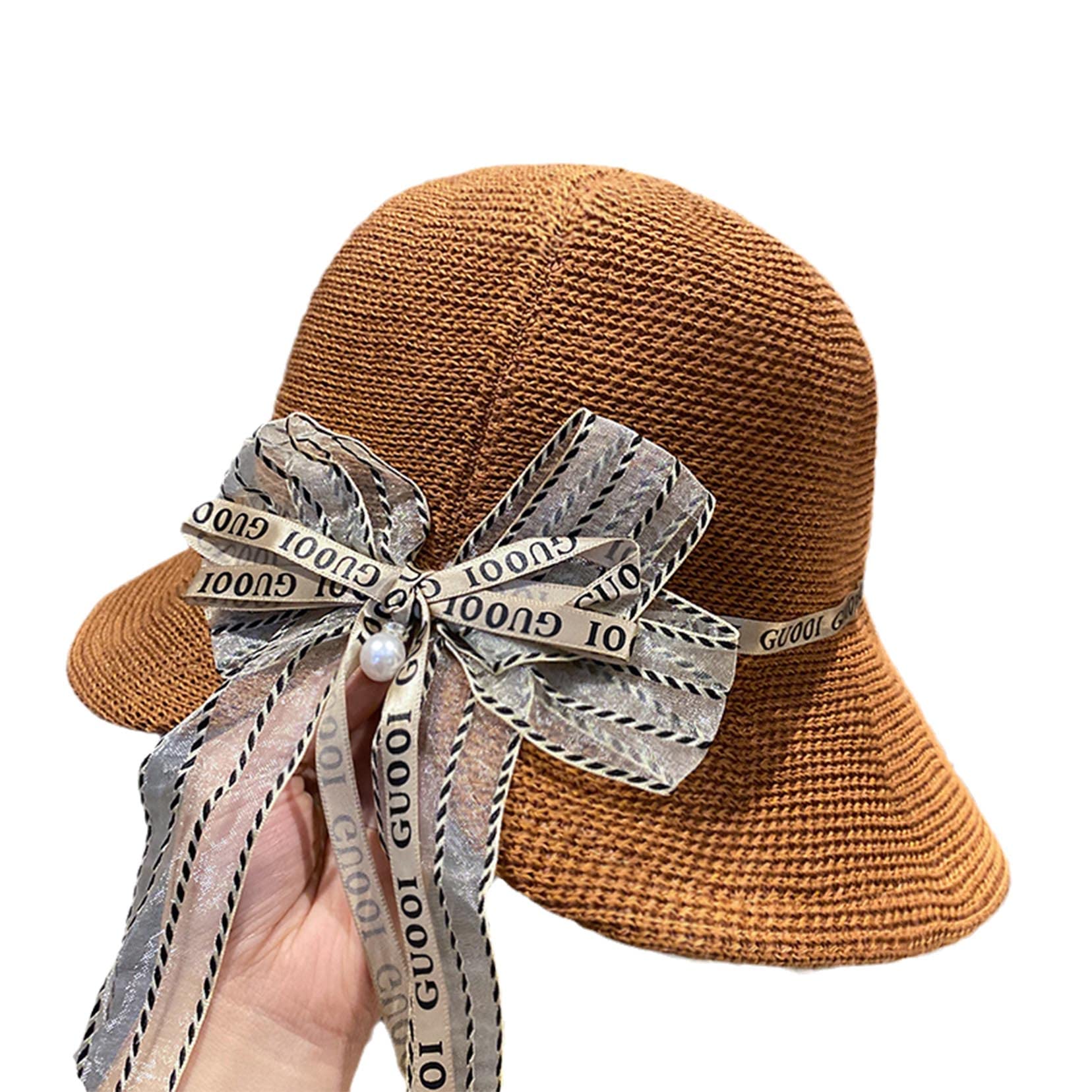 Femmes Summer Sun Sun Hat avec Bow Beach Cap Pliable Visor Pliant Chapeaux De Soudage Dôme Largeur Largeur brown-56-58cm