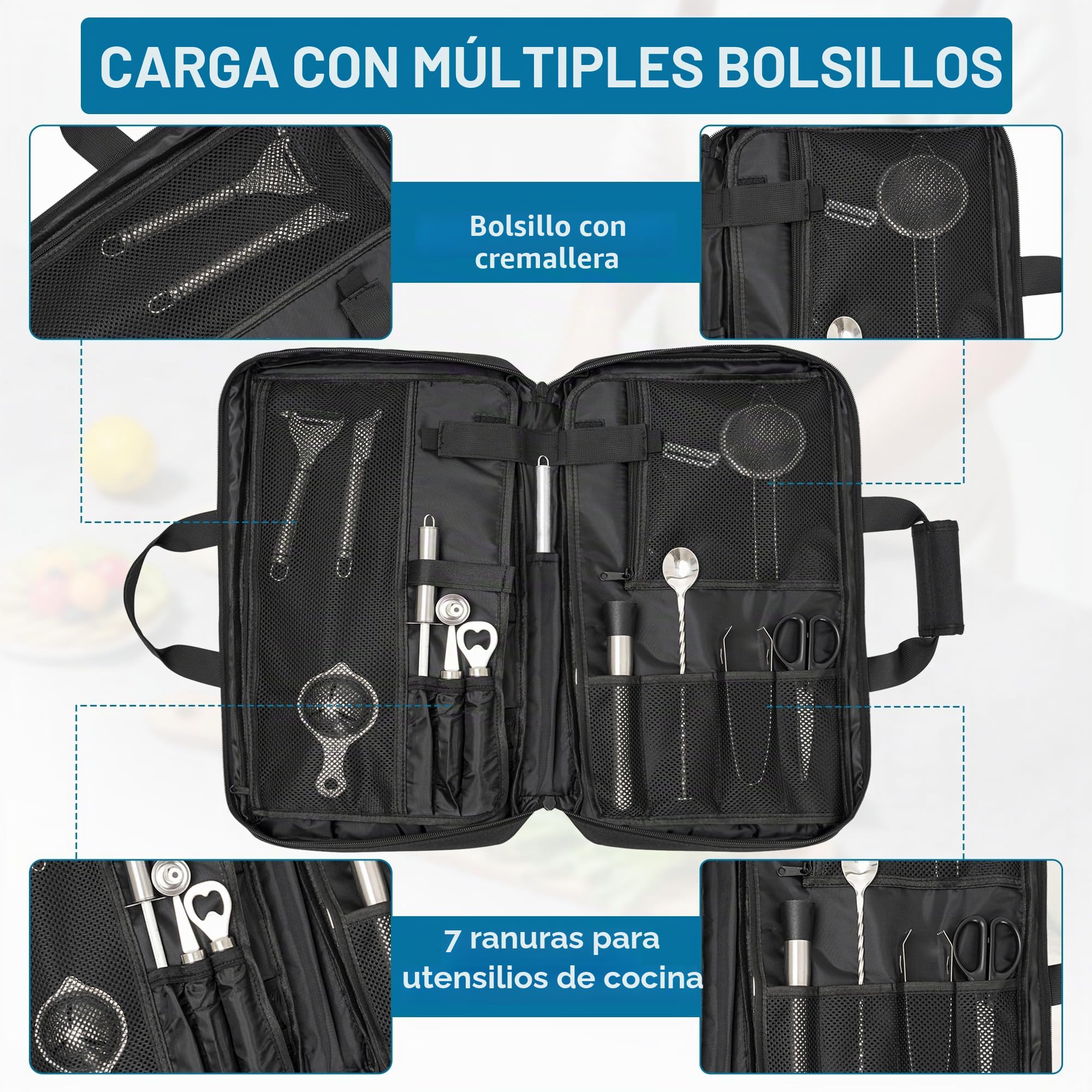 OUUTMEE - Bolsa de cuchillos de chef profesional con 17 ranuras para cuchillos y utensilios de cocina, color negro, Negro , 53 x 6 x 25 CM, Bolsa de viaje