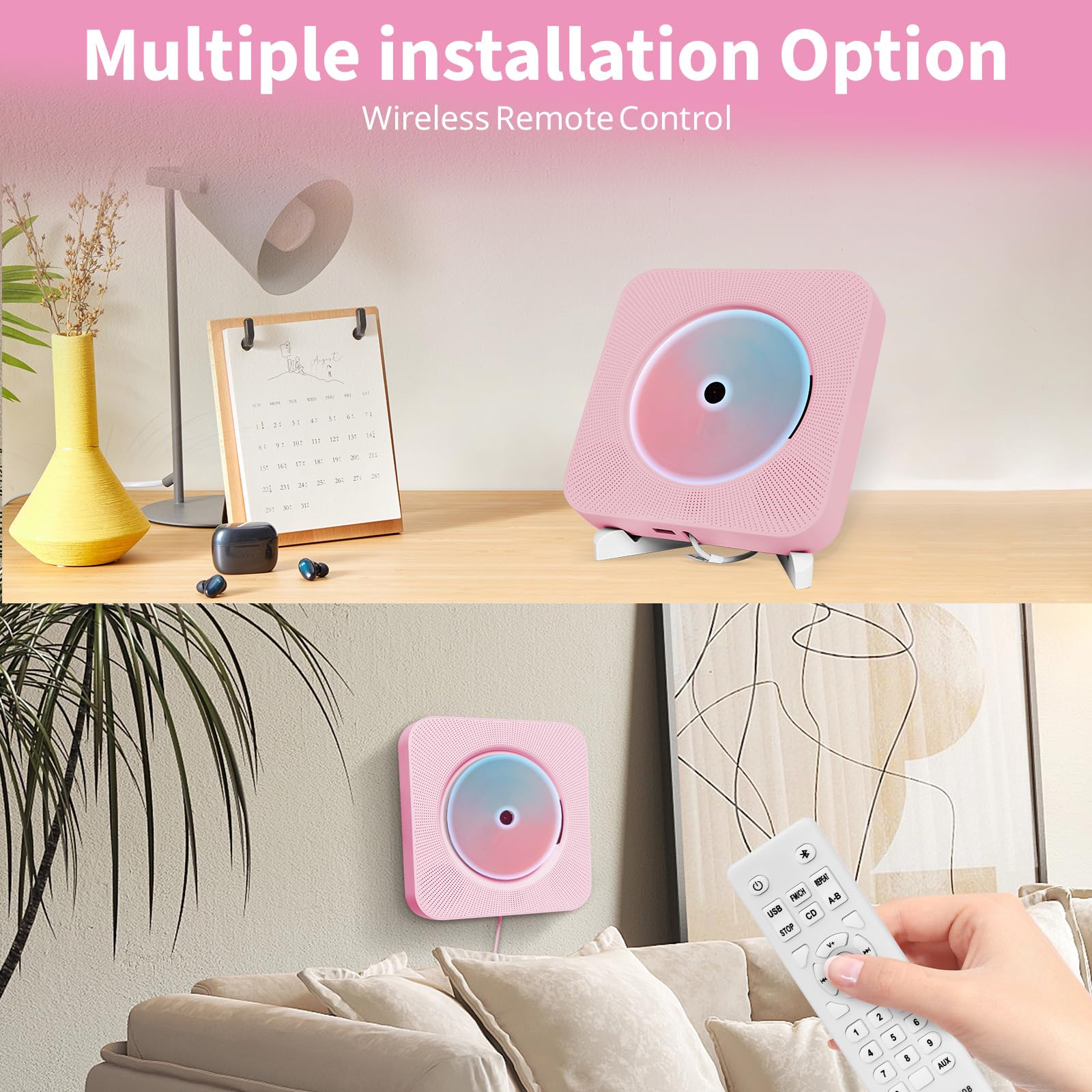 CD Spieler mit Bluetooth Wand und Tischmontage Multifunktional Tragbarer CD Player mit HiFi-Lautsprechern Musik CD-Player Unterstützt AUX/USB für Geschenk (Rosa)