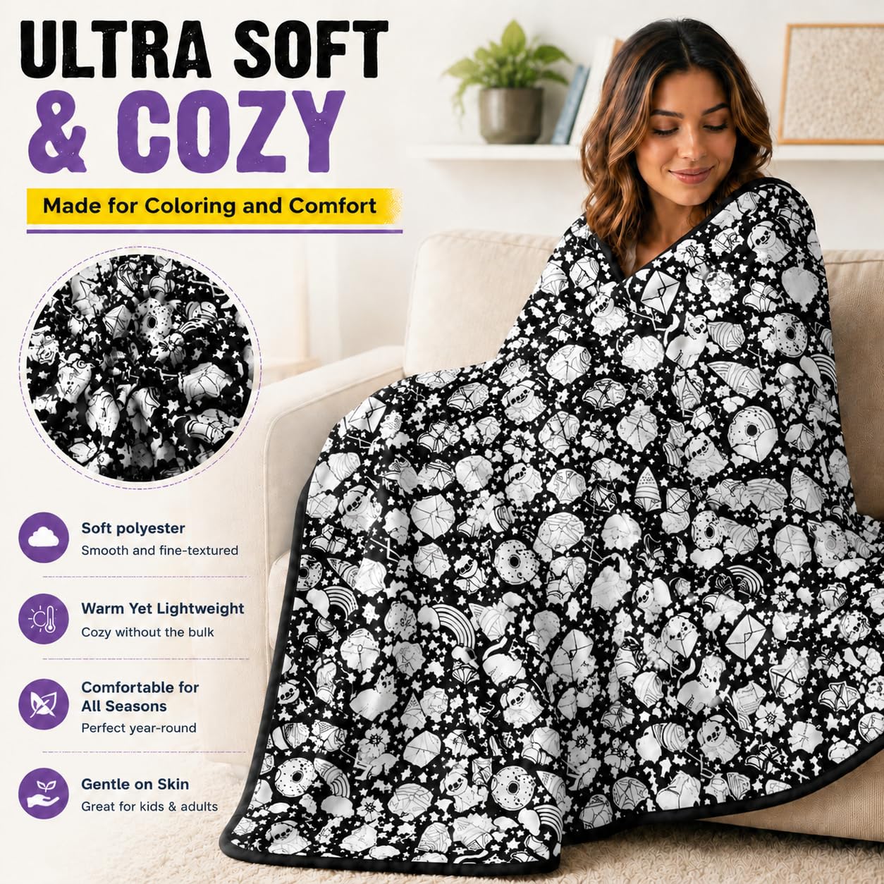 VEELU Coperta da Colorare con Pennarelli per Tessuti 150x115 cm, Coperta Colorabile con 24 Pennarelli Inclusi per Adulti e Bambini, Regalo Originale per Famiglia e Amici