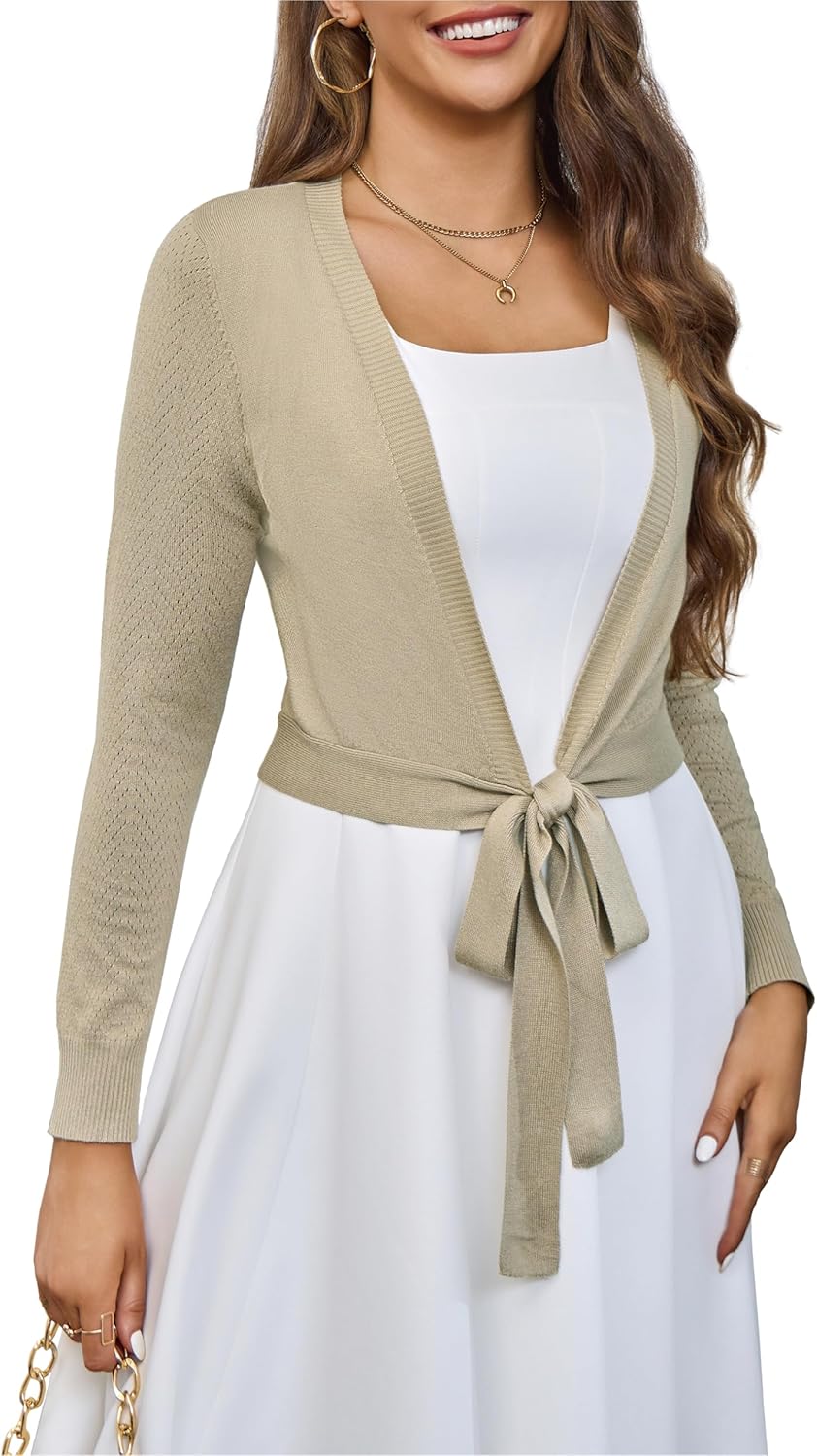 VOIANLIMO Women's Cardigan Knit Sweaters Long Sleeve Cropped Tie Front Bolero Shrug for Dresses S-XL - Image 4