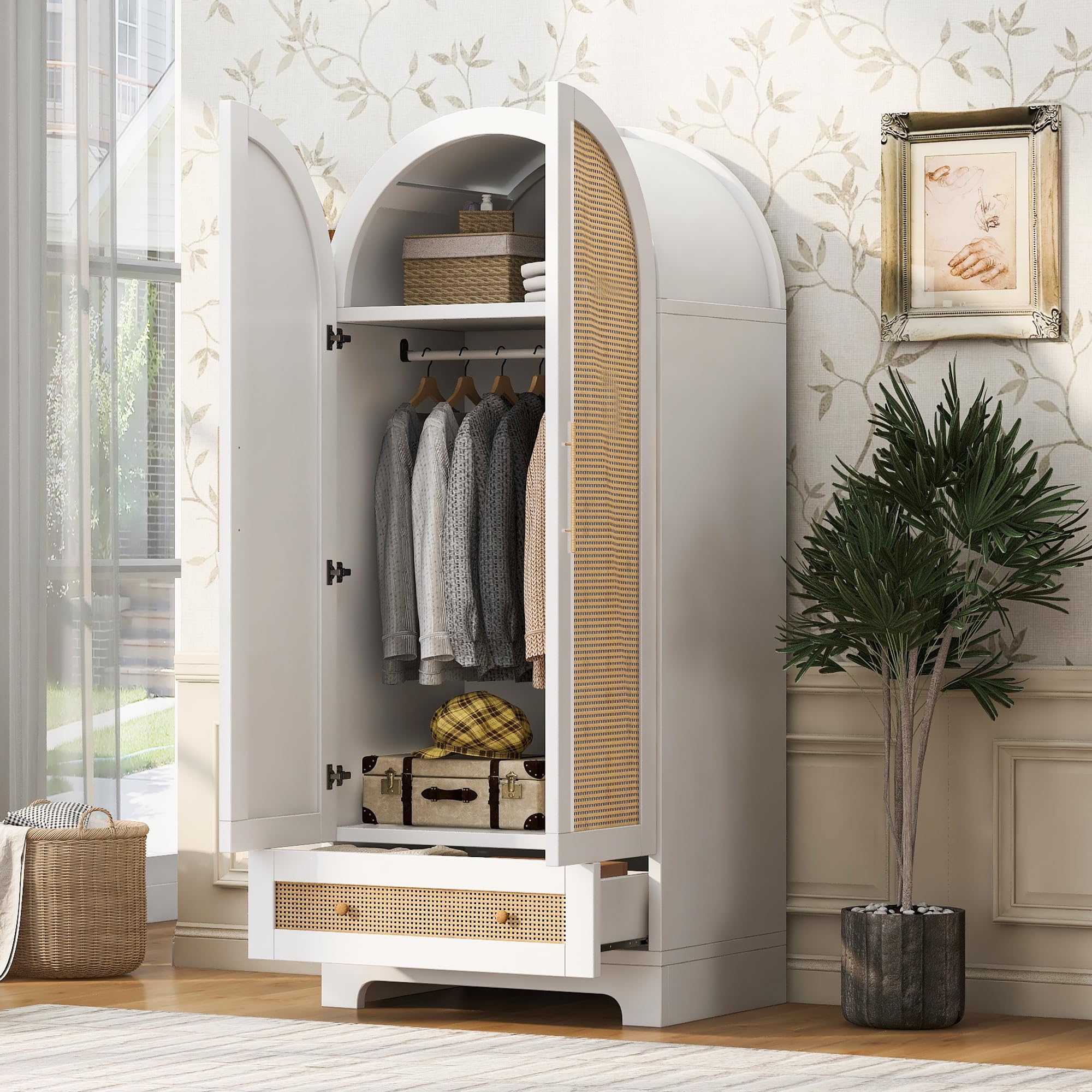 Generisch Armadio 70 x 55 x 170 cm, con doppie ante e cassetti in rattan, bianco