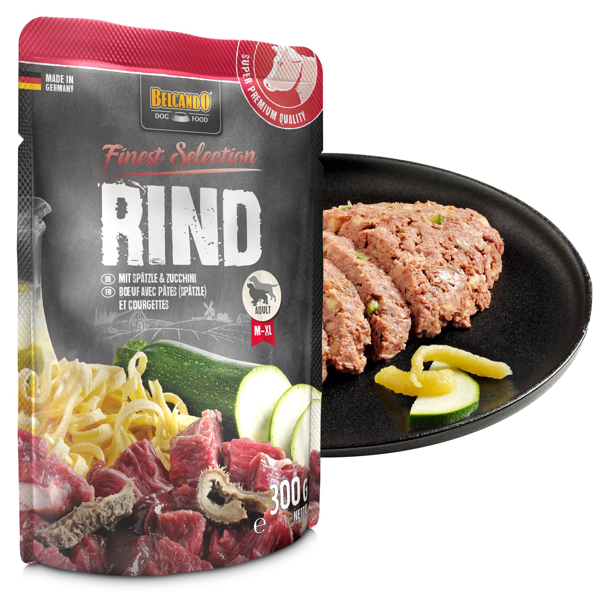 Belcando Bolsas [12x125g Ternera con Pasta al Huevo y calabacín] | Comida húmeda para Perros | Alimento Completo en prácticas raciones Individuales