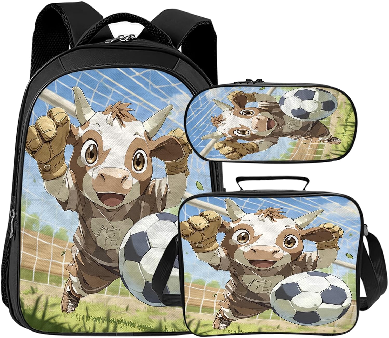 Cow School Backpack 3 Piece Set Soccer Backpack Lunch Bag Pencil Case Waterproof Fabric for School Gifts for Students Kids Toddler Boys Girls Elementary Middle
