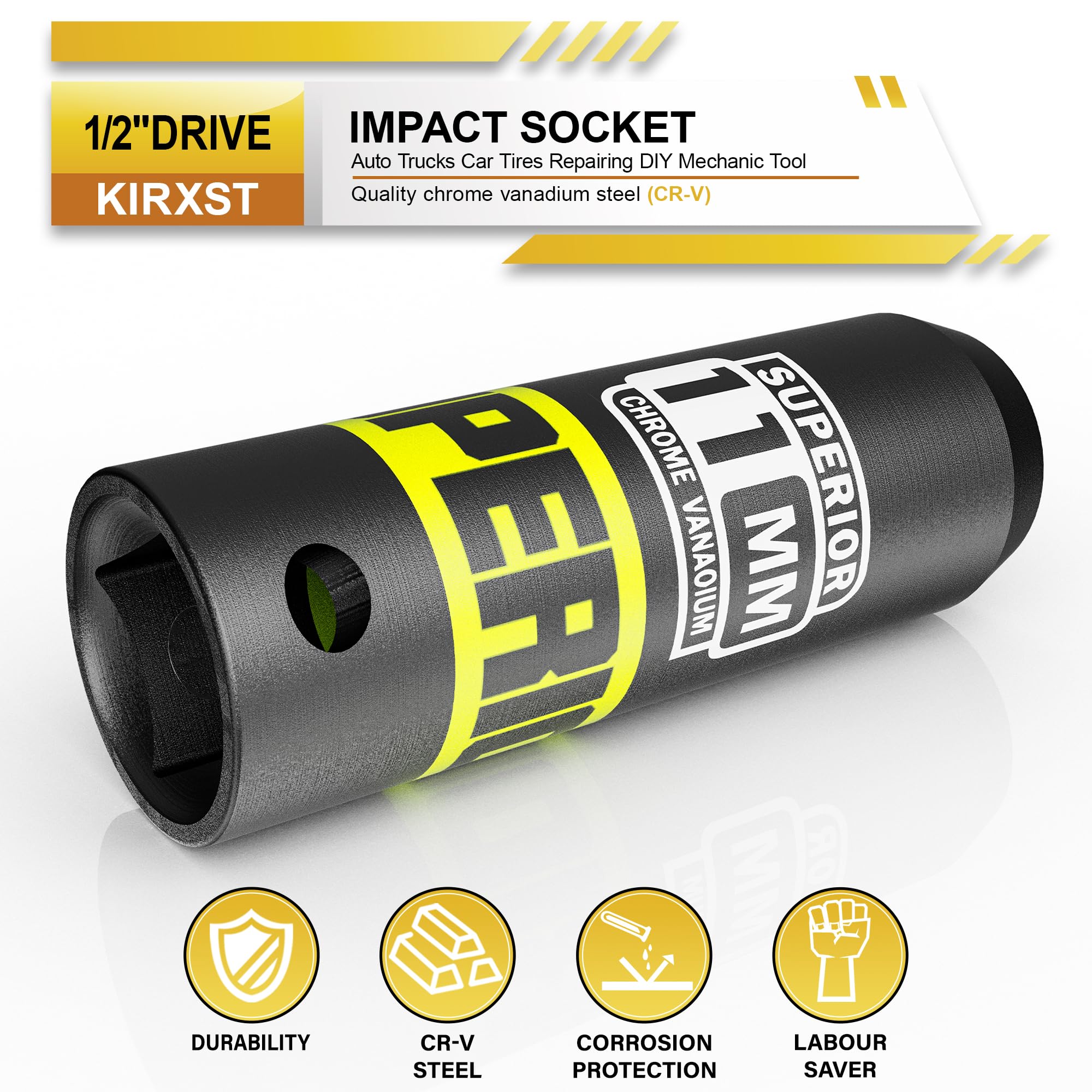KIRXST 1/2" Drive 11mm Deep Impact Socket, 6 Point CR-V Deep Socket, 78mm Length, Auto Trucks Car Tires Repairing DIY Mechanic Tool - Image 3