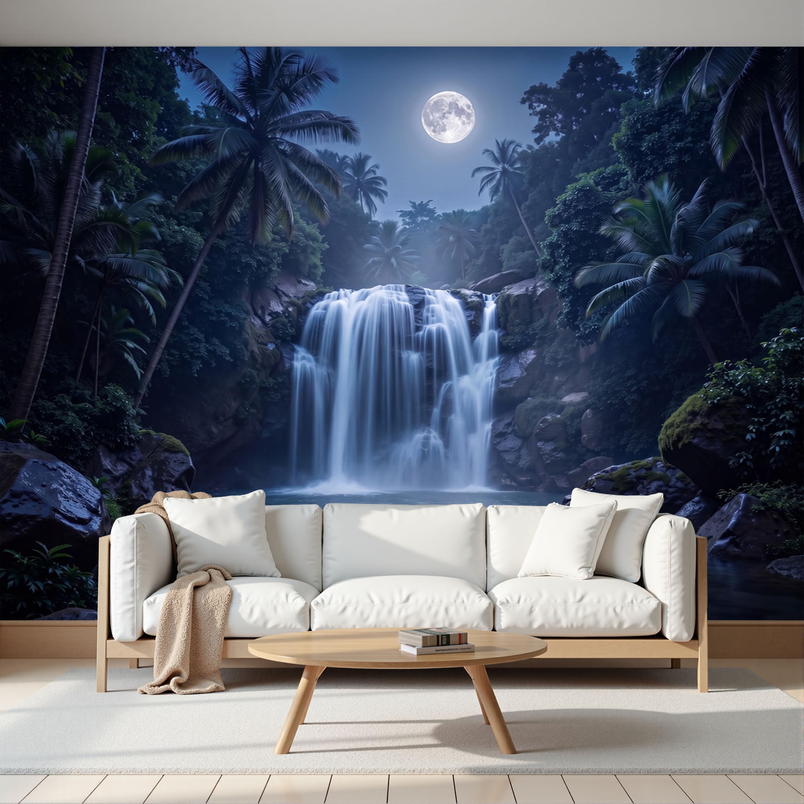 Papier Peint Panoramique Vue nocturne tropicale, Papier Peint Cascade Forêt tropicale Lune, Fresque Murale Intissée Bleu foncé Soie Décoration XXL Murale Pour Salon, Chambre, Bureau 250x175cm
