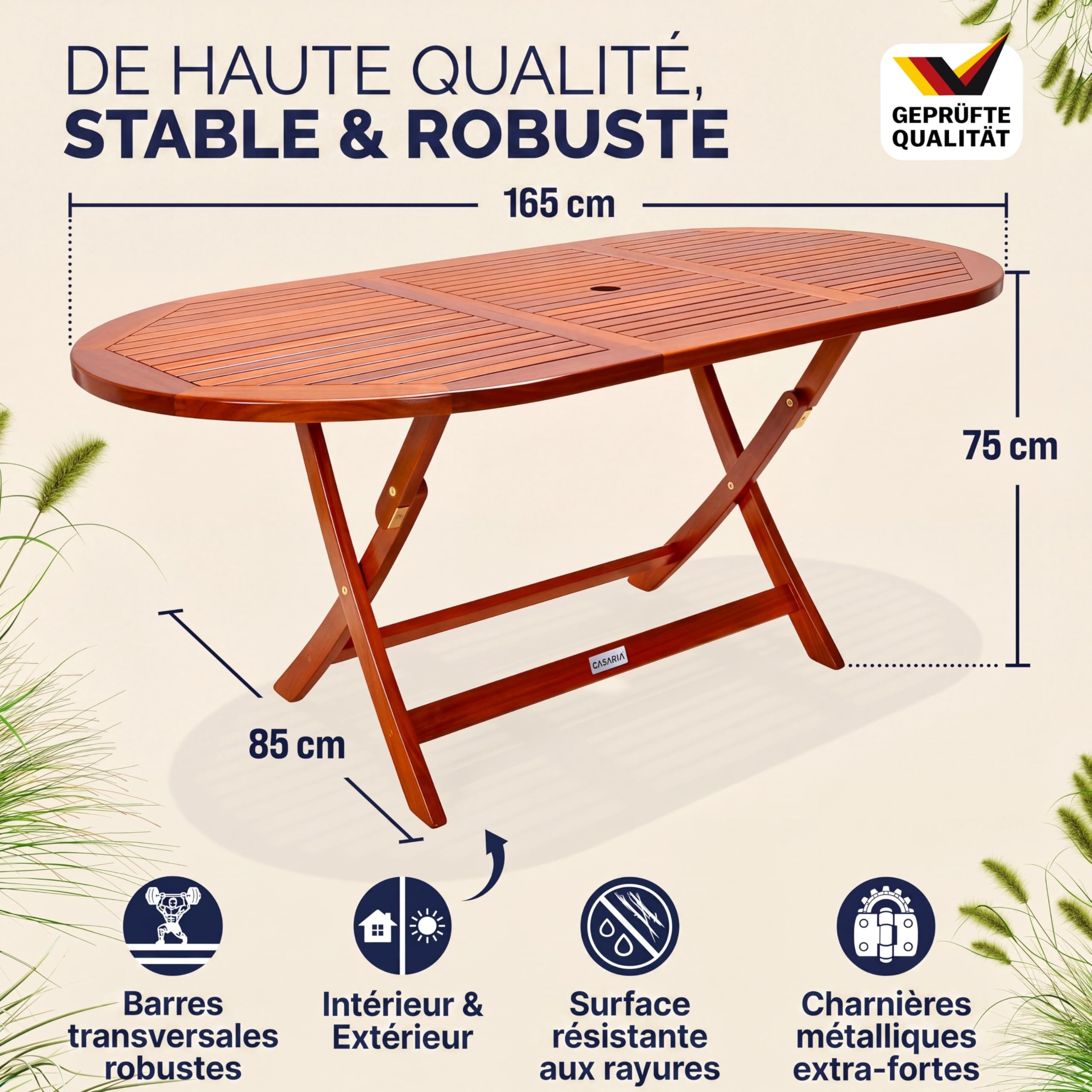 Casaria Table D Extérieur Alabama Salon De Jardin Ovale 6 Personnes Bois Eucalyptus Pliable avec Trou pour Parasol