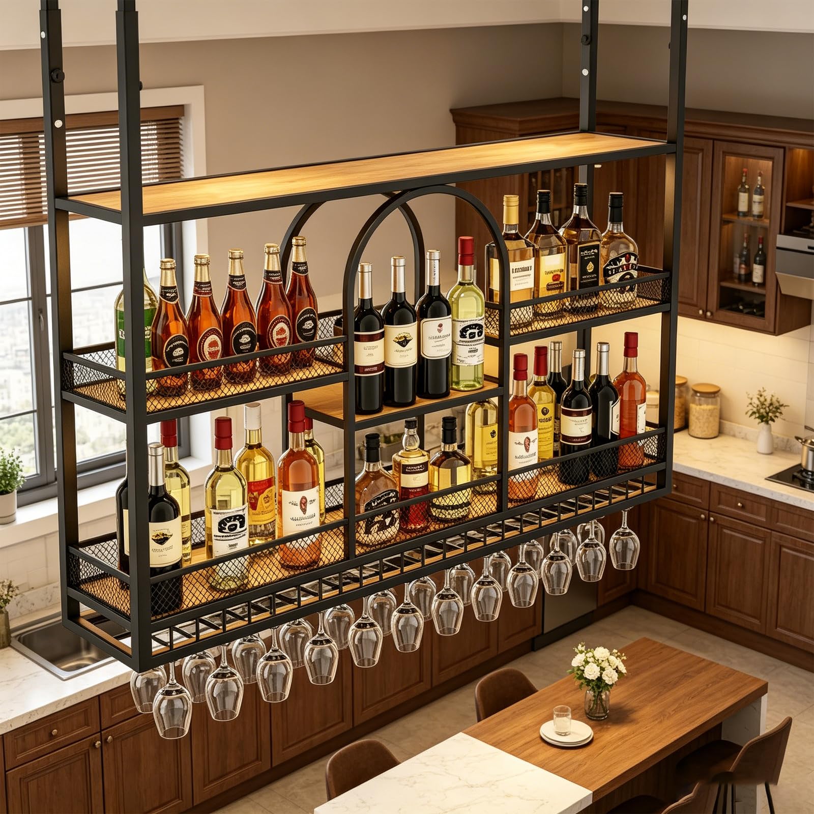 Portabottiglie da Soffitto con Altezza Regolabile, Scaffale Vino Sospeso in Metallo con Portacalici Integrato, Portabottiglie Industriale Salvaspazio per Cucina, Soggiorno, Home Bar (BLACK, 100cm)