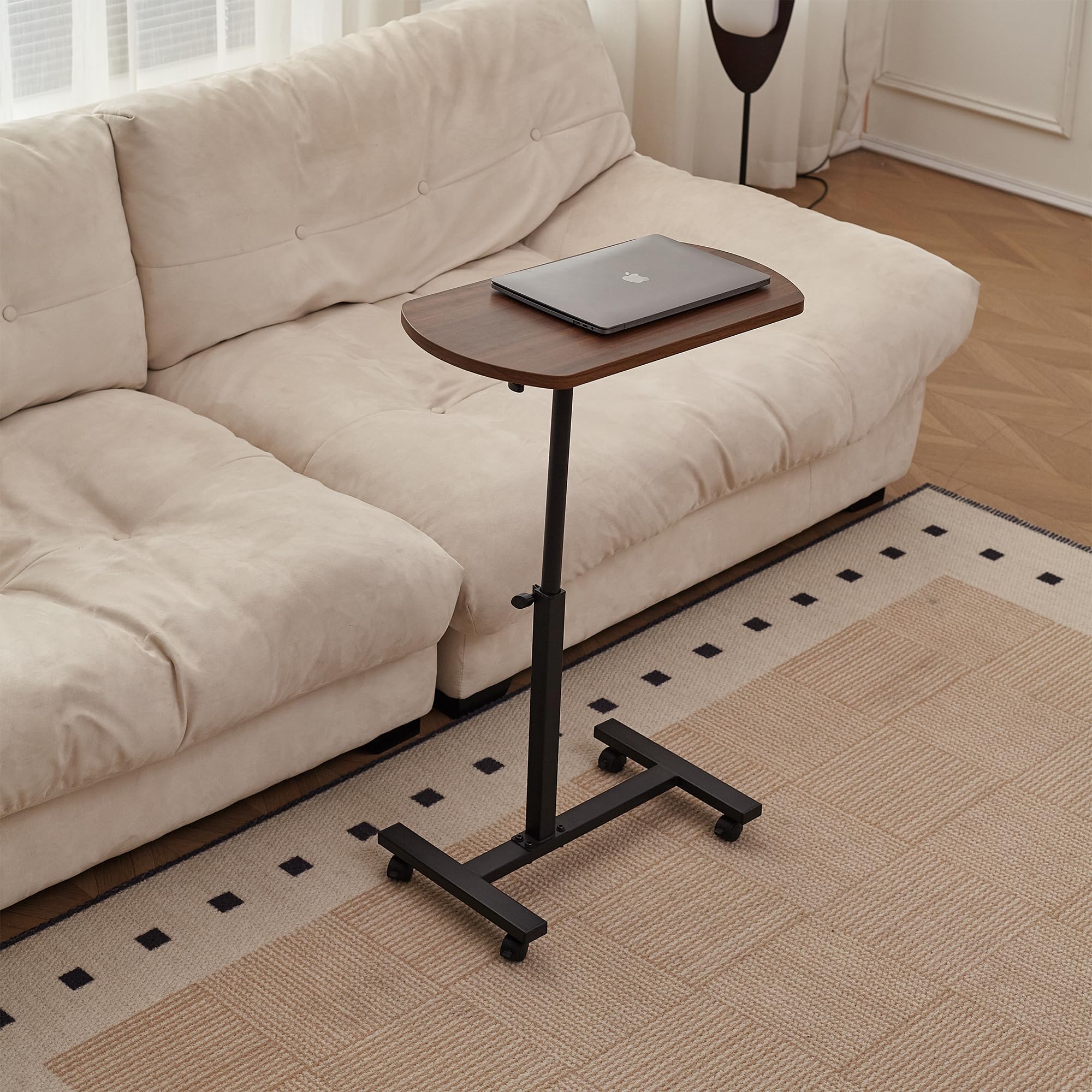 SMARTIKC Shape End Table Adjustable Height, Couch Arm Tray Tables, Small Side Table for Living Room and Small Space, Small Couch Computer Desk That Slide Under with Wheels Brown