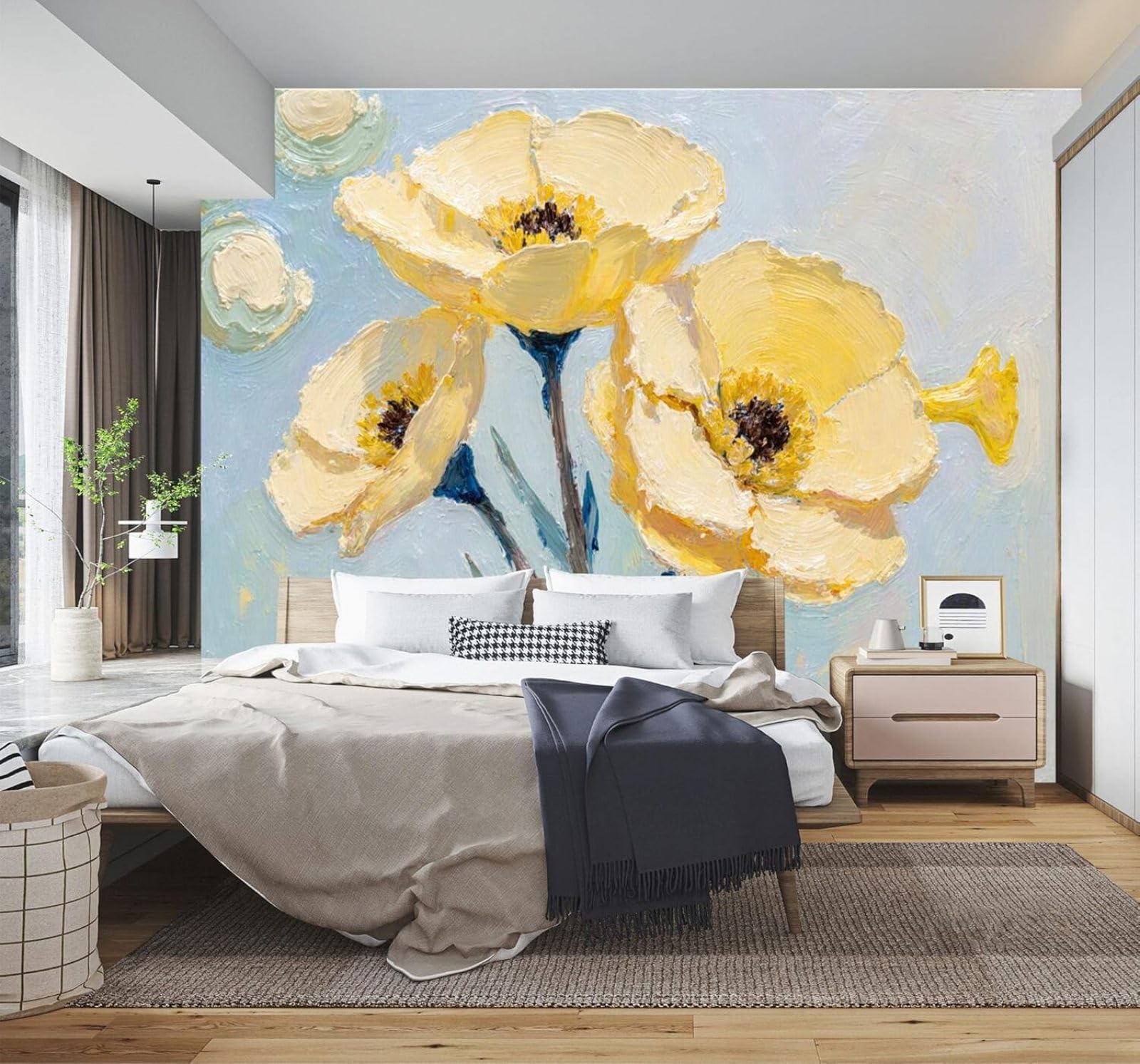 3D Carta da Parati Minimalista Disegnato Mano Fiori Gialli Astratto Azzurro