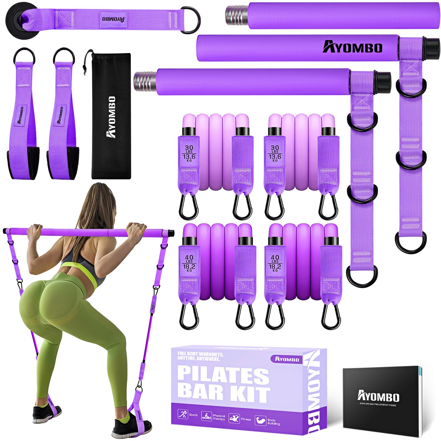 Equipo de pilates, kit de barra de pilates con bandas de resistencia, equipo de entrenamiento de pilates multifuncional ajustable para hombres y mujeres, barra de pilates portátil, equipo de gimnasio