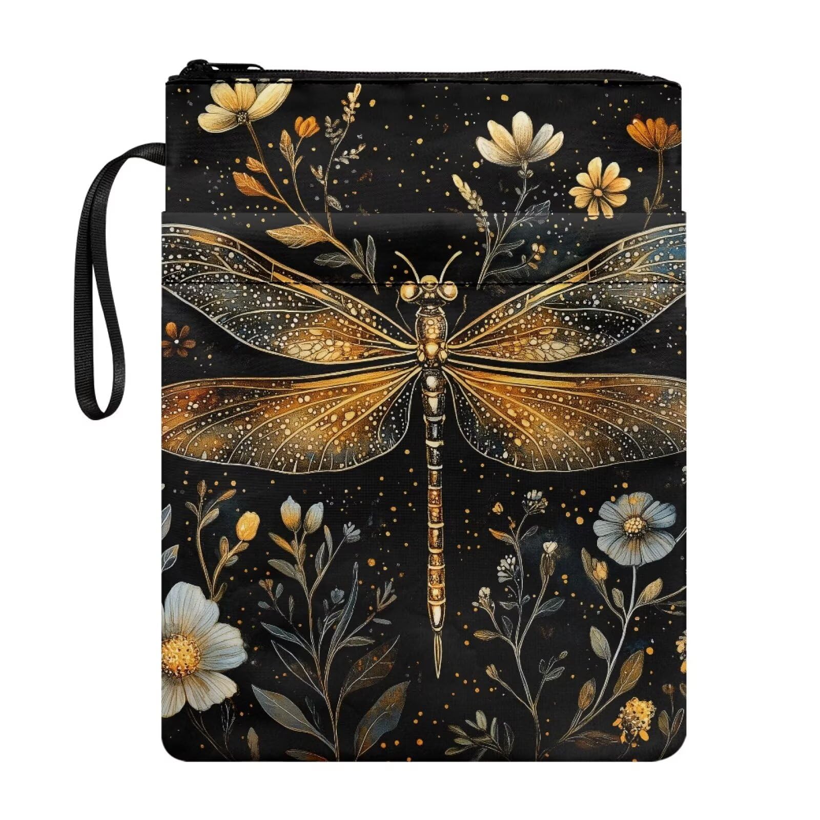 Dragonfly Flower Book Sleeve Protector for Paperbacks, Large Capacity Zipper Closure Book Cover Case with Front Pockets, 22x29 cm Bookish Gift — image 1
