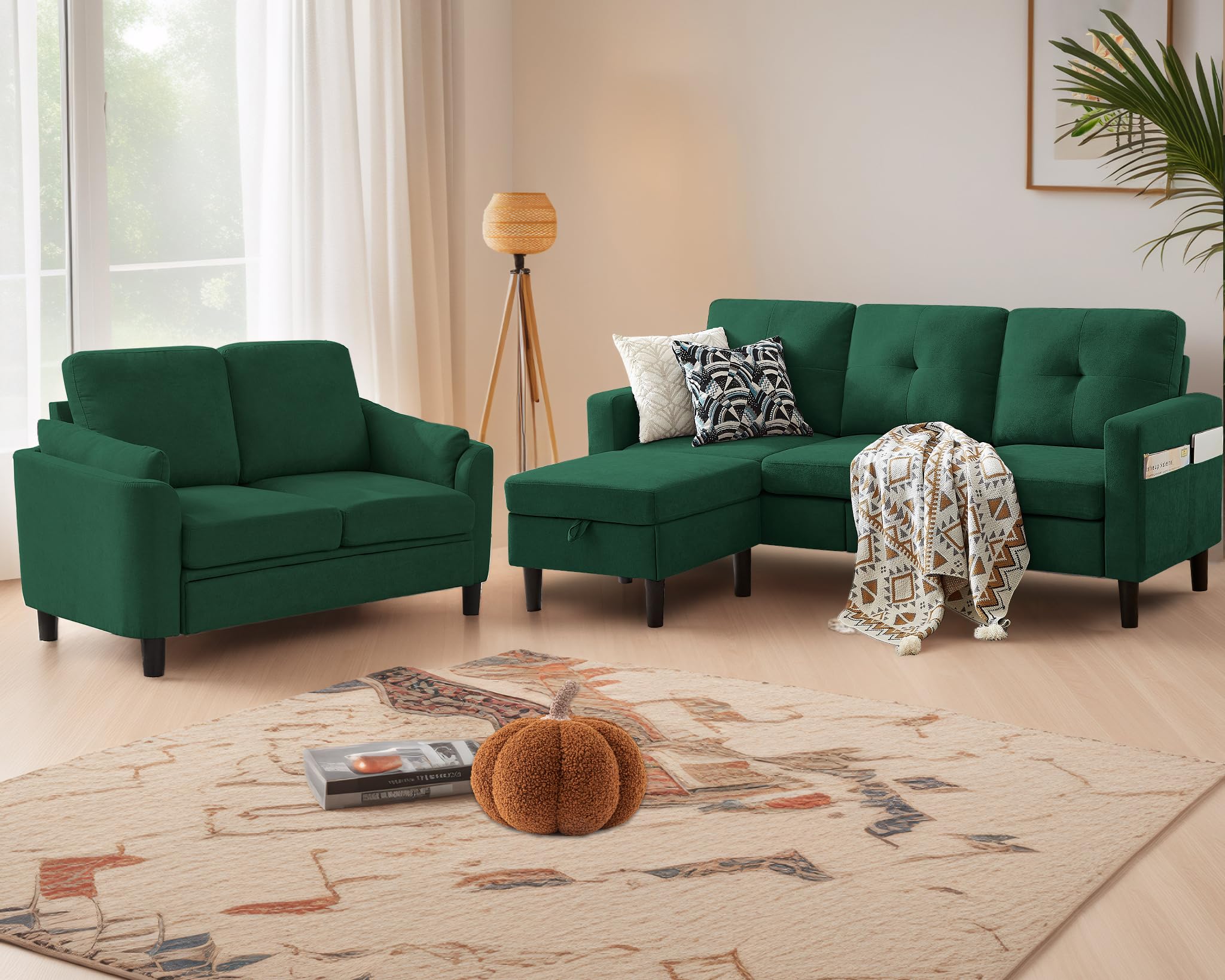 Pingliang Home 2 Piece Sofa Set, 3 Seat Sofa Couch and Loveseat with Ottoman, Couches Sets for Living Room/Apartment/Office, Green