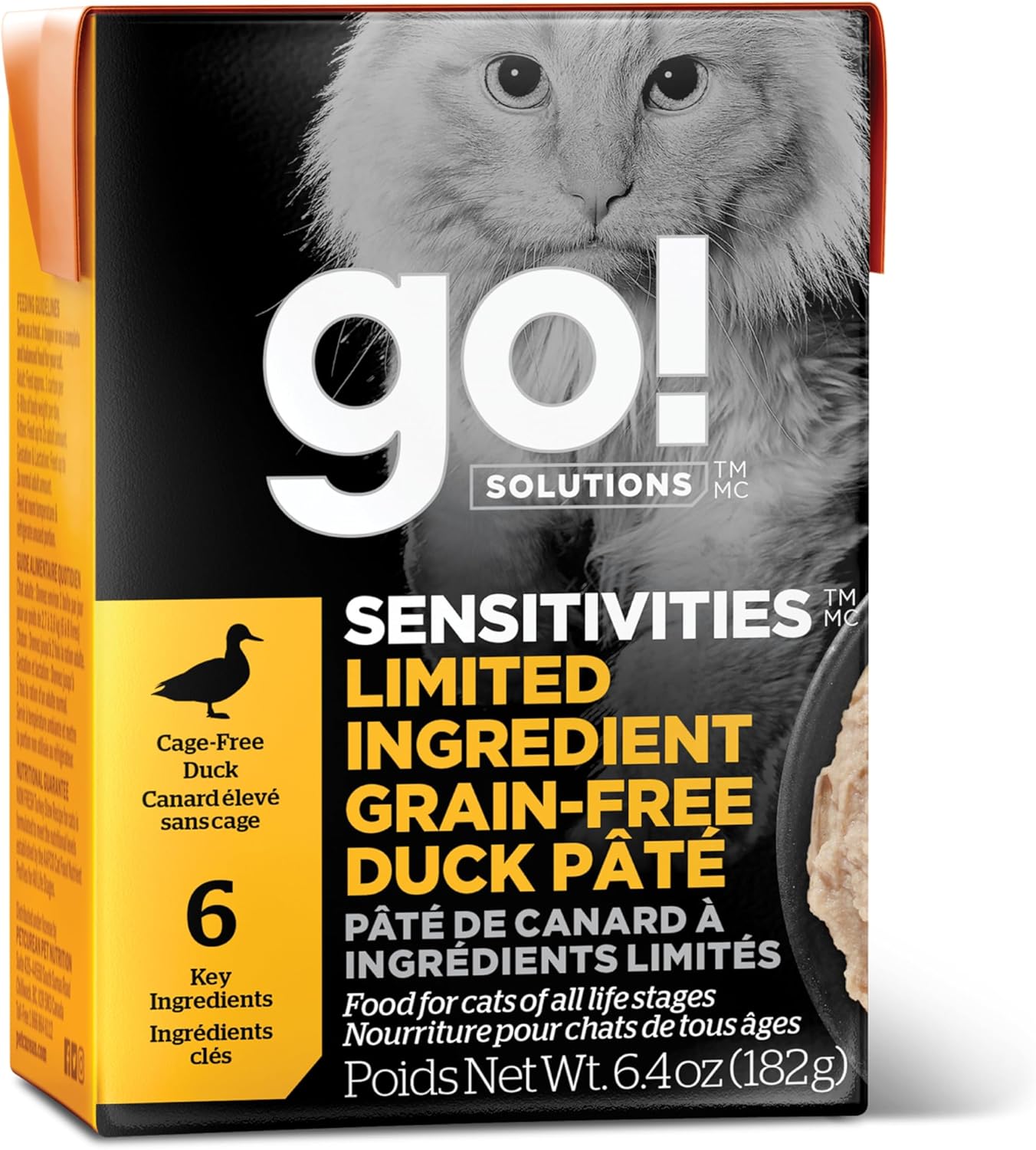 Go! Solutions Sensitivities Limited Ingredient, Grain-Free Wet Cat Food, Duck Pâté for Sensitive Stomach, 6.4 oz (Pack of 6)