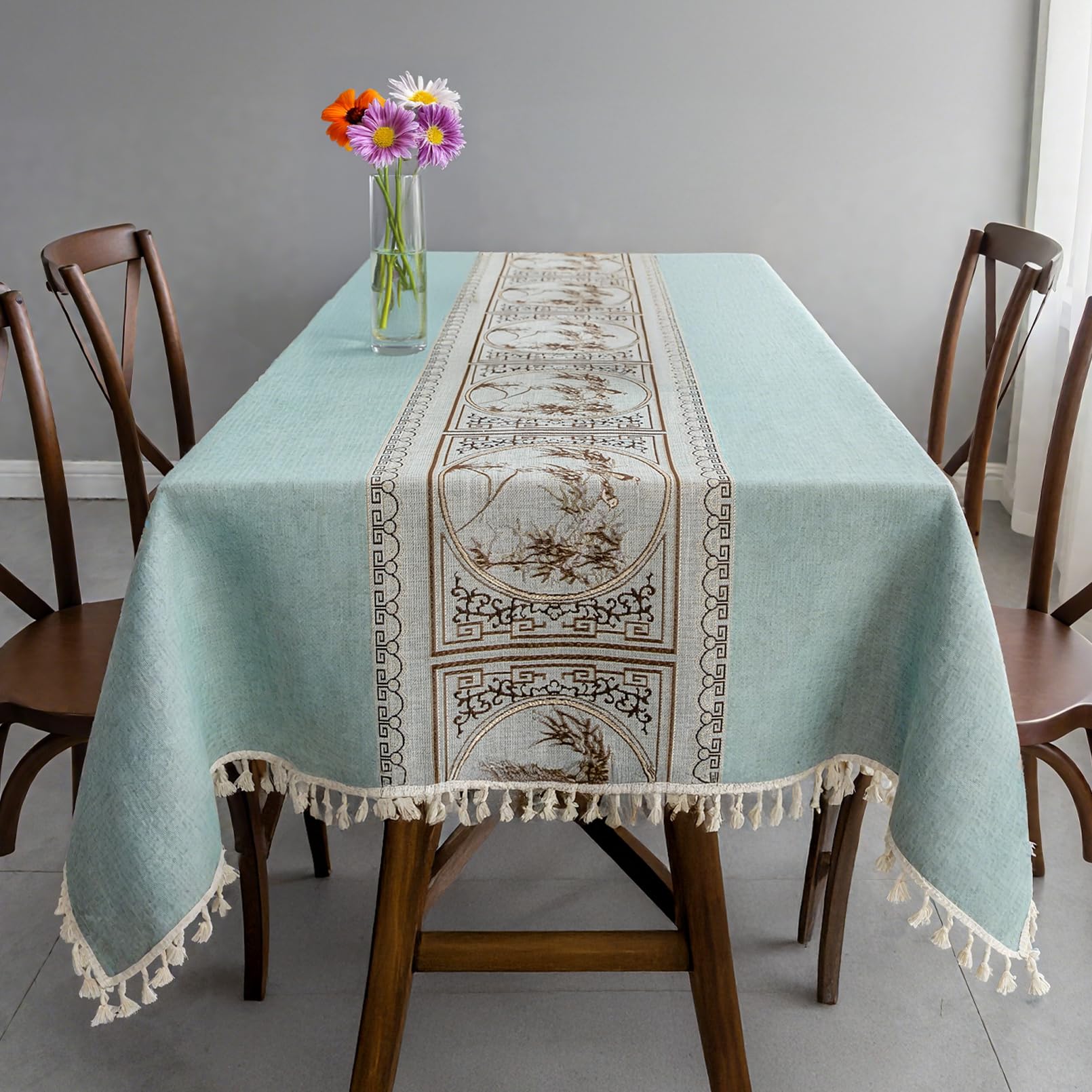 Preocea Cotton Linen Tablecloth, 140 x 140 cm Square Tablecloth, Wrinkle Free Washable Tassel Table Cloth, Dust-Proof Shrink-Proof Table Cover for Kitchen Dinning Wedding Party Tabletop Decoration