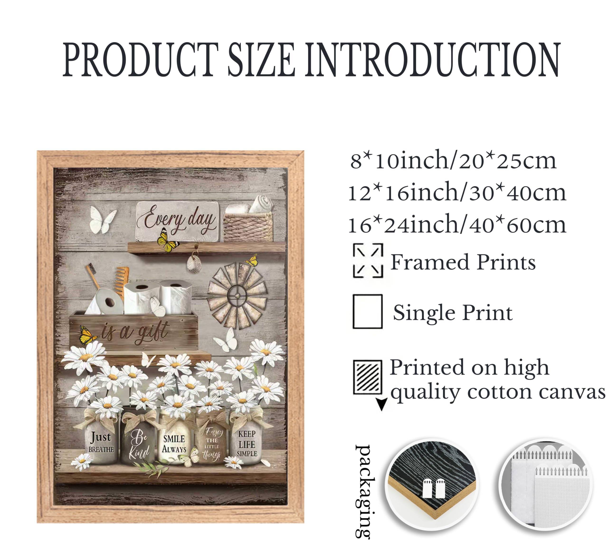 Framed Farmhouse Bathroom Canvas Wall Art Vintage Country Daisy Butterfly Painting Picture Wall Decor Retro Inspirational Quotes Floral Poster Print Artwork for Restroom Bedroom Living Room — view 2