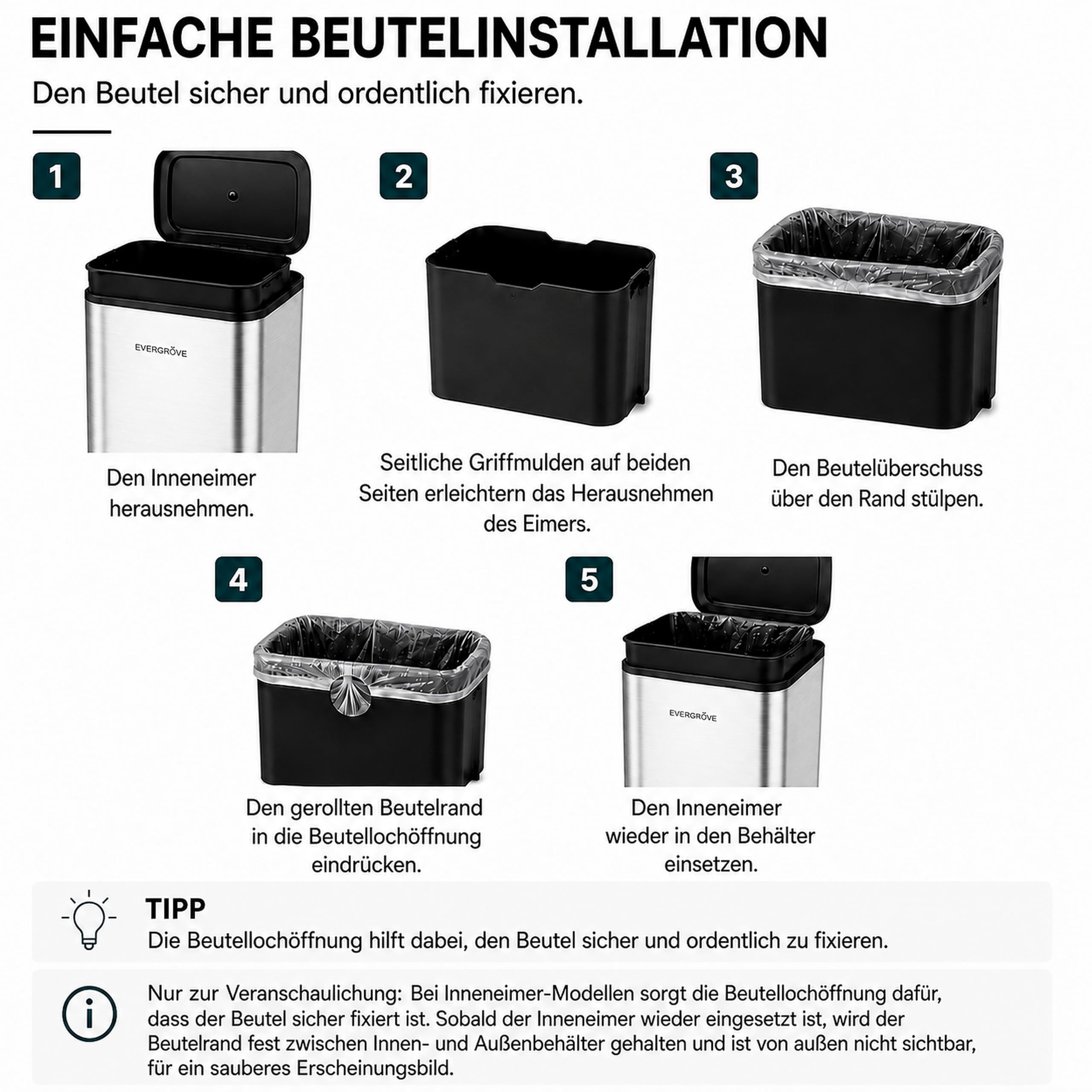 EverGrove 60L Mülltrennsystem, 2x30L, Edelstahl-Deckel (Brushed Silver) | 2 x 30-L-Fächer,Soft-Close-Deckel,Edelstahl-Deckel,Geruchsfilter,Herausnehmbare Inneneimer mit Beutelfixierung