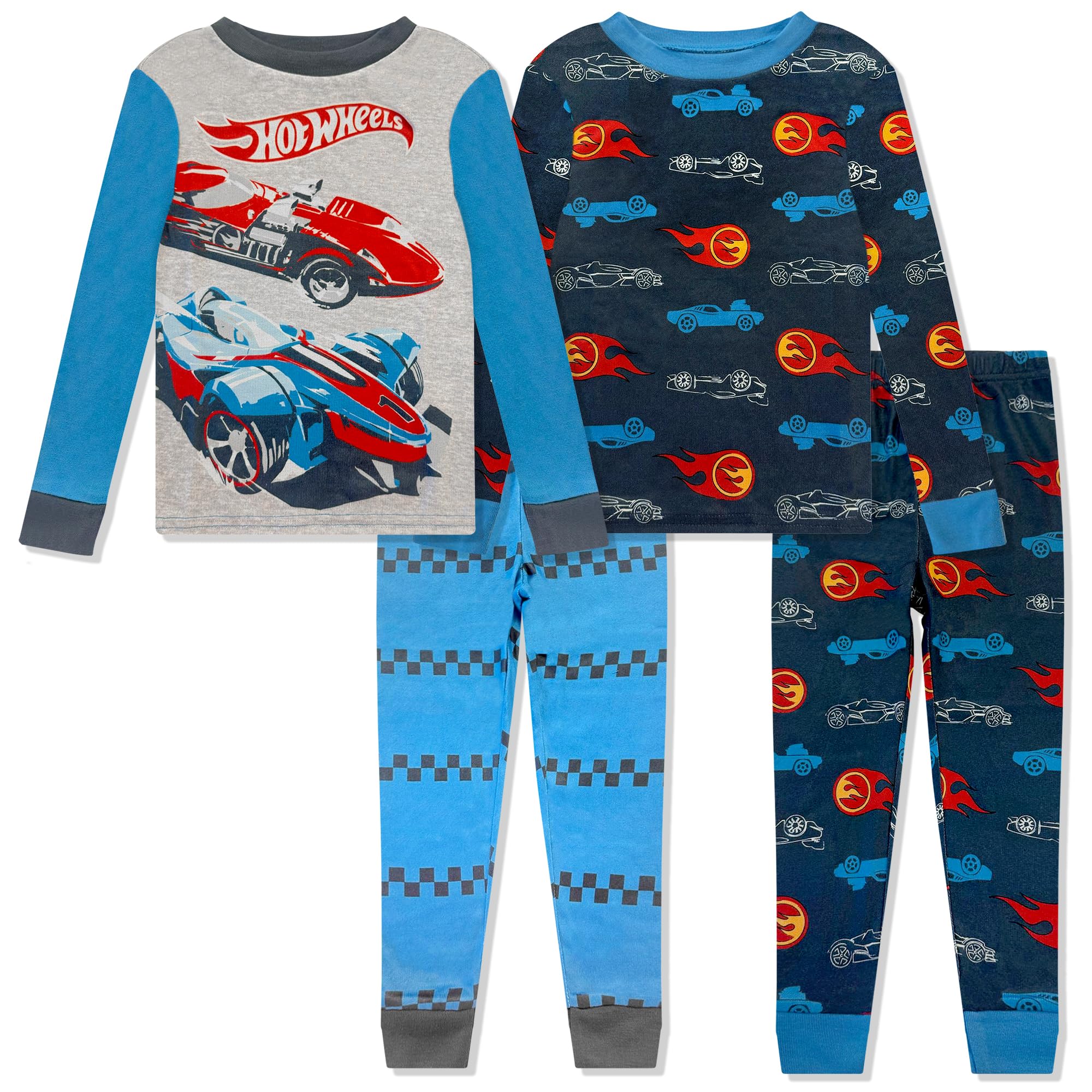 Hot Wheels 4 Piece Pajama Set - Toddler Boys Snug Fit PJ Set, Short Sleeve Shorts & Pants - Kids Sleepwear - Official License