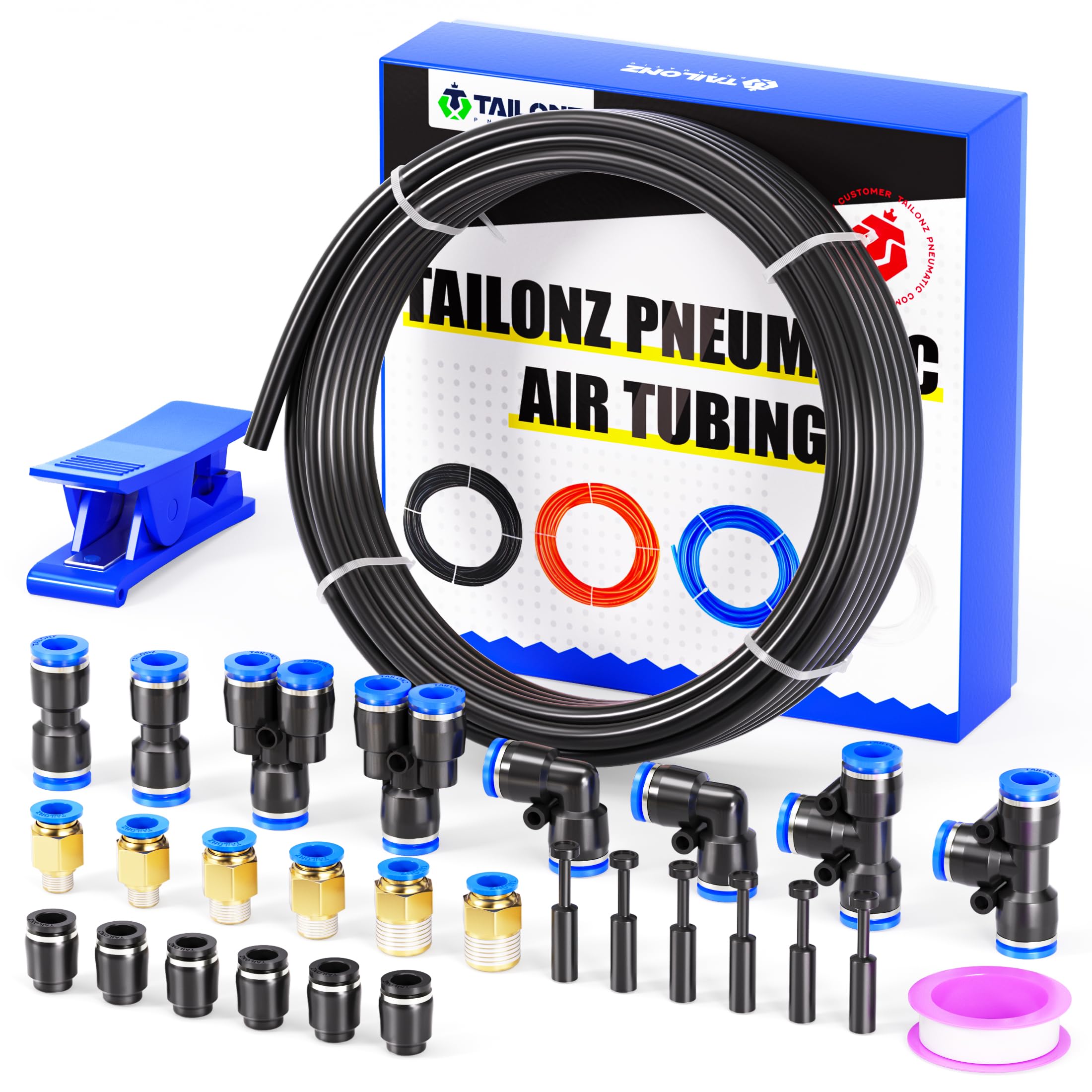TAILONZ PNEUMATIC Kit de tubos de aire de poliuretano de poliuretano negro de 10 mm de diámetro exterior de 10 metros, accesorios de manguera de aire para conectar (29 piezas)