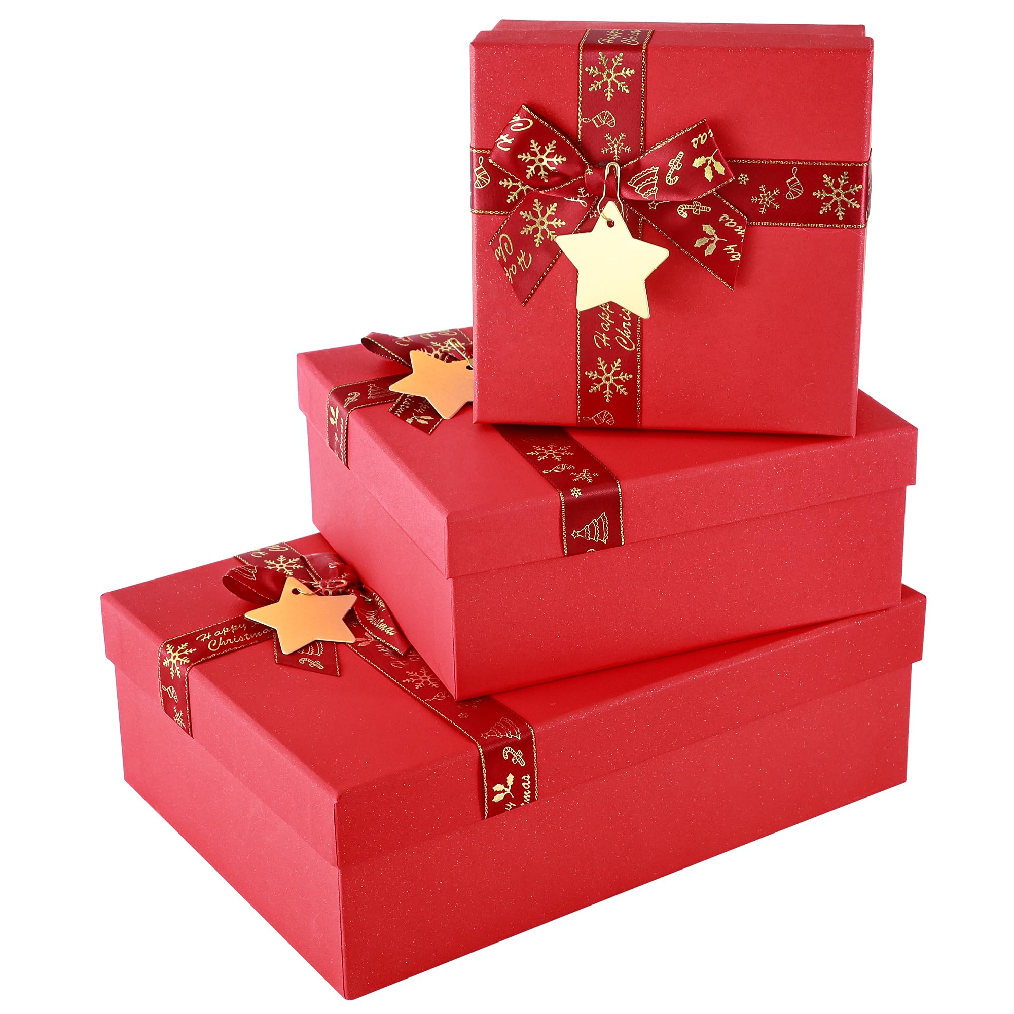 Christmas Gift Boxes for Presents with Lids – Set of 3 Luxury Red Rigid Christmas Boxes Present(Small, Medium, Large) – Made from 400gsm Thick Cardboard – Premium Xmas Cardboard Boxes with Ribbons