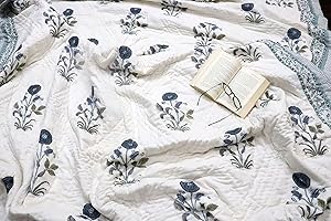 Jaipuri Razai Blue Block Print Quilt Queen 90x108