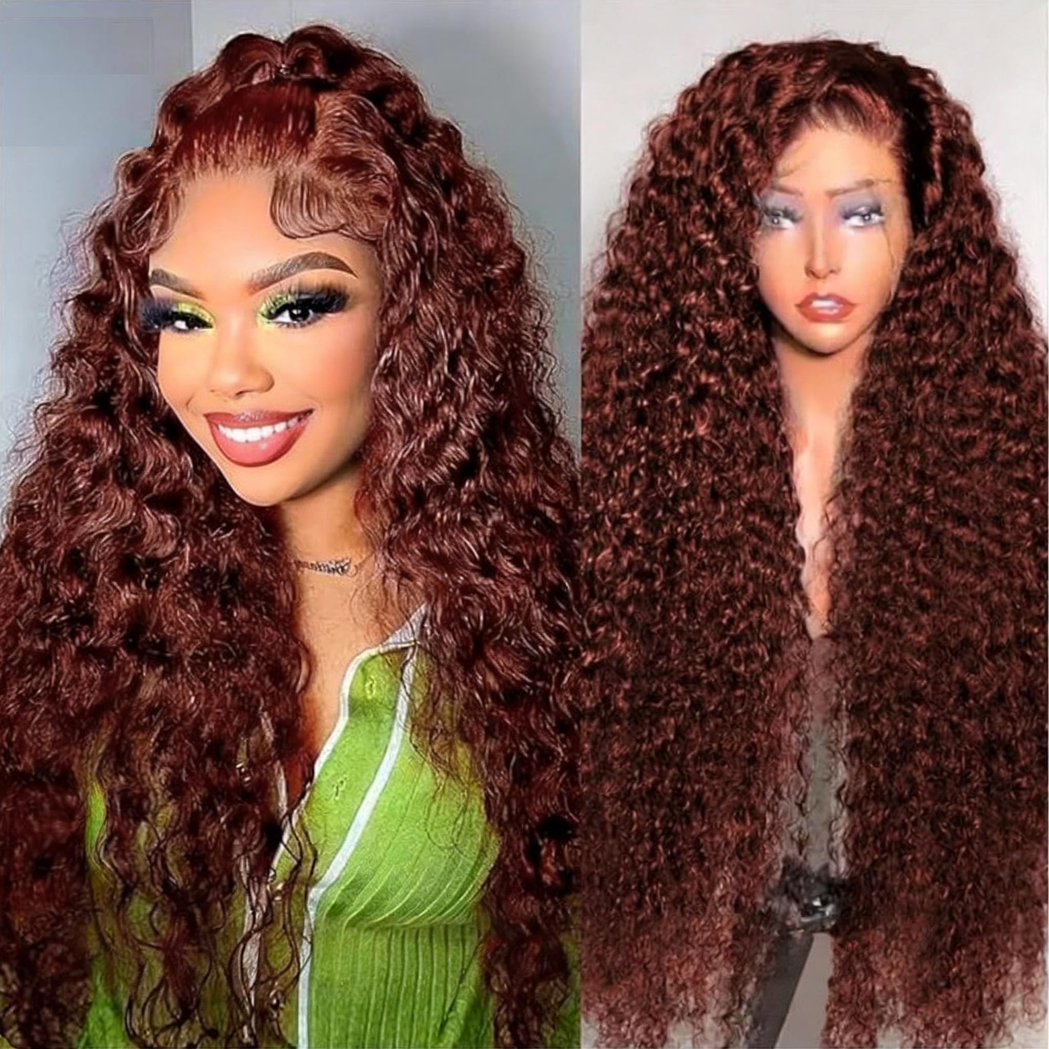 Photo 1 of Allssur 30 Inch 13x6 Reddish Brown Deep Wave Lace Front Wigs Human Hair 200% Density HD Lace Front Wigs Human Hair Pre Plucked Natural Color Glueless Wig 100% Virgin Lace Front Wigs for Women