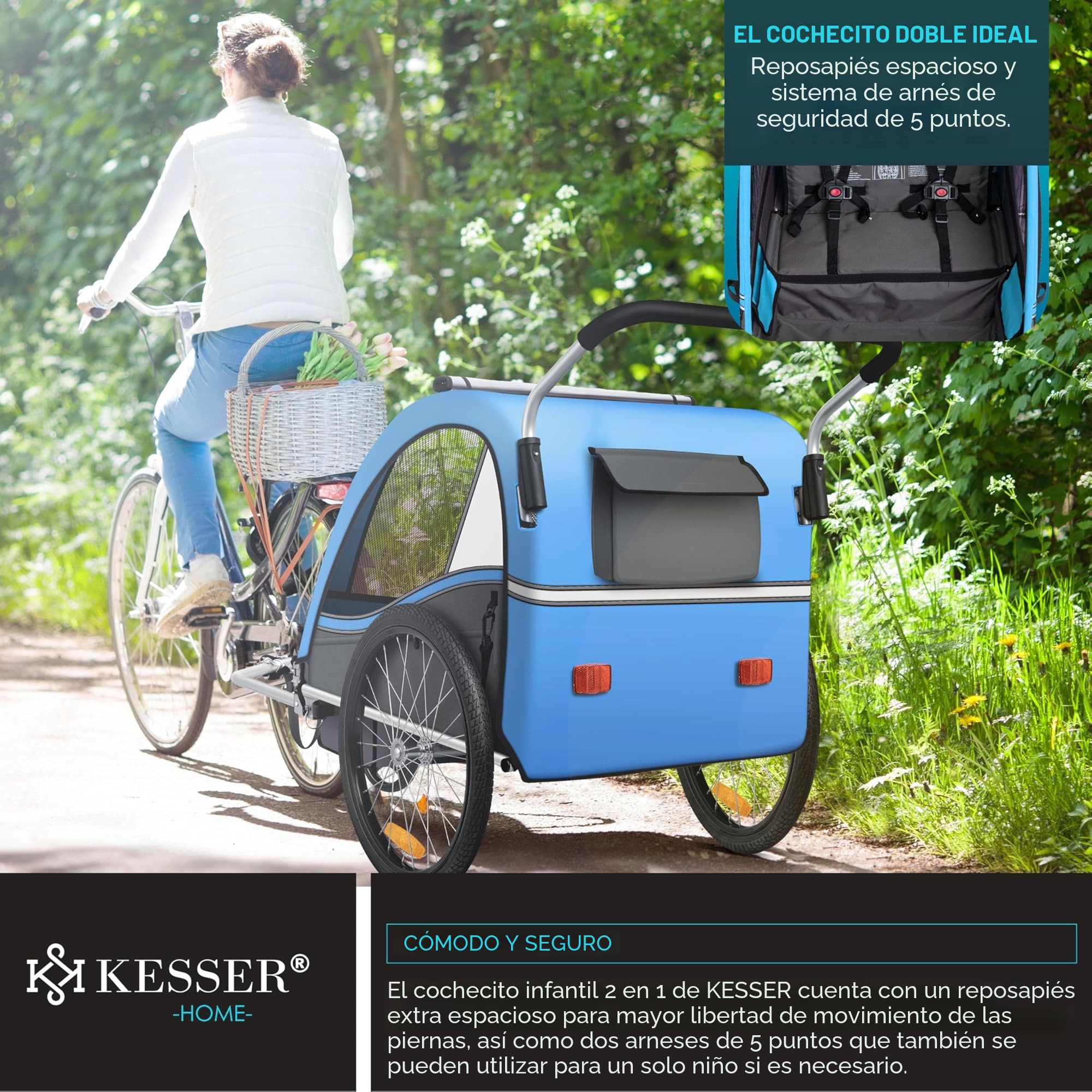 KESSER® Remolque para niños, Remolque para Bicicletas Sport-RX, 2 en 1, función Jogger, Remolque para Bicicletas para niños + cinturón de Seguridad de 5 Puntos, Rueda Delantera 360°