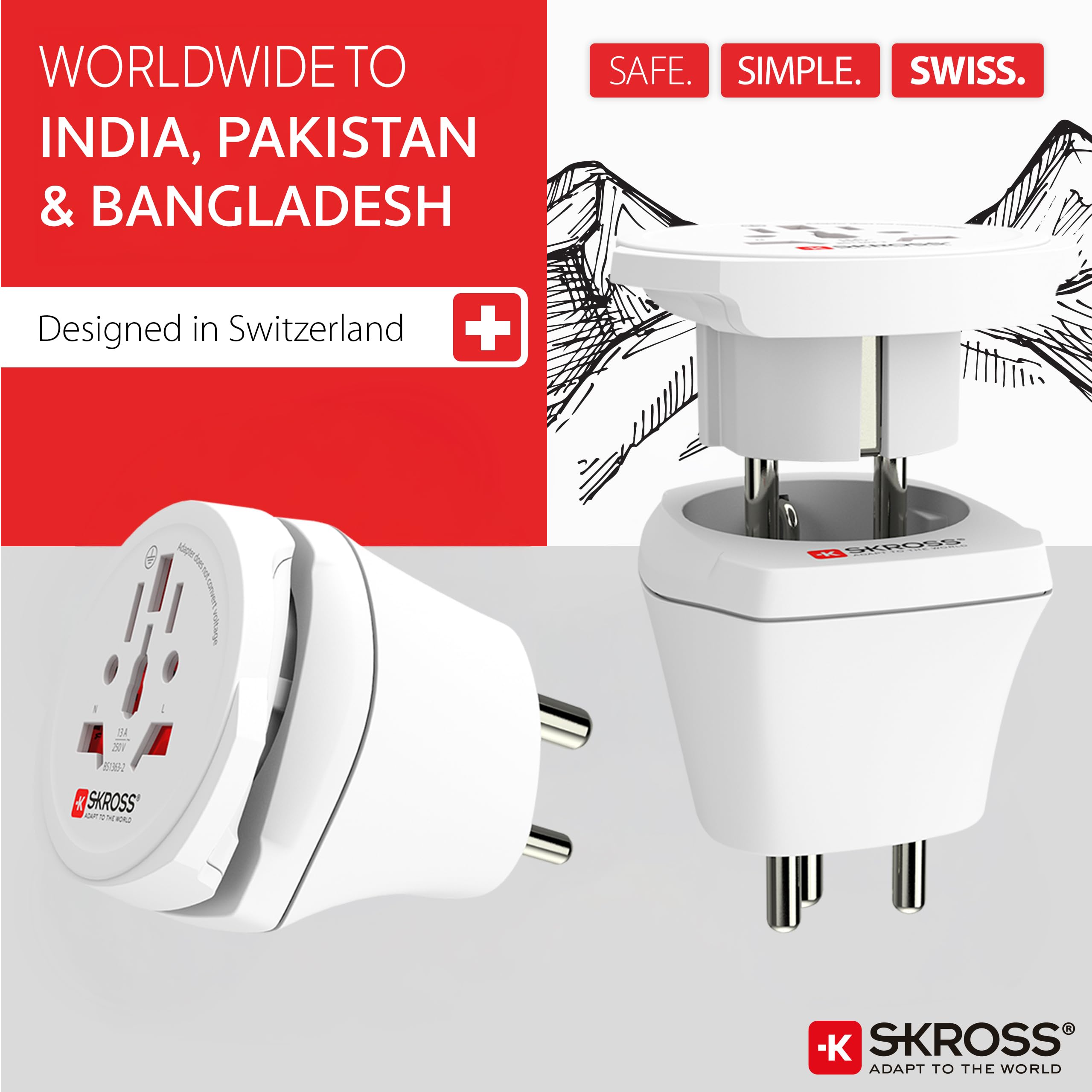SKROSS | 1.500215-E | World to India Combo | Międzynarodowy adapter podróżny - Napięcie i moc znamionowa: 100 V - 500 W/250 V - 1250 W. Ochrona przed wstrząsami elektrycznymi