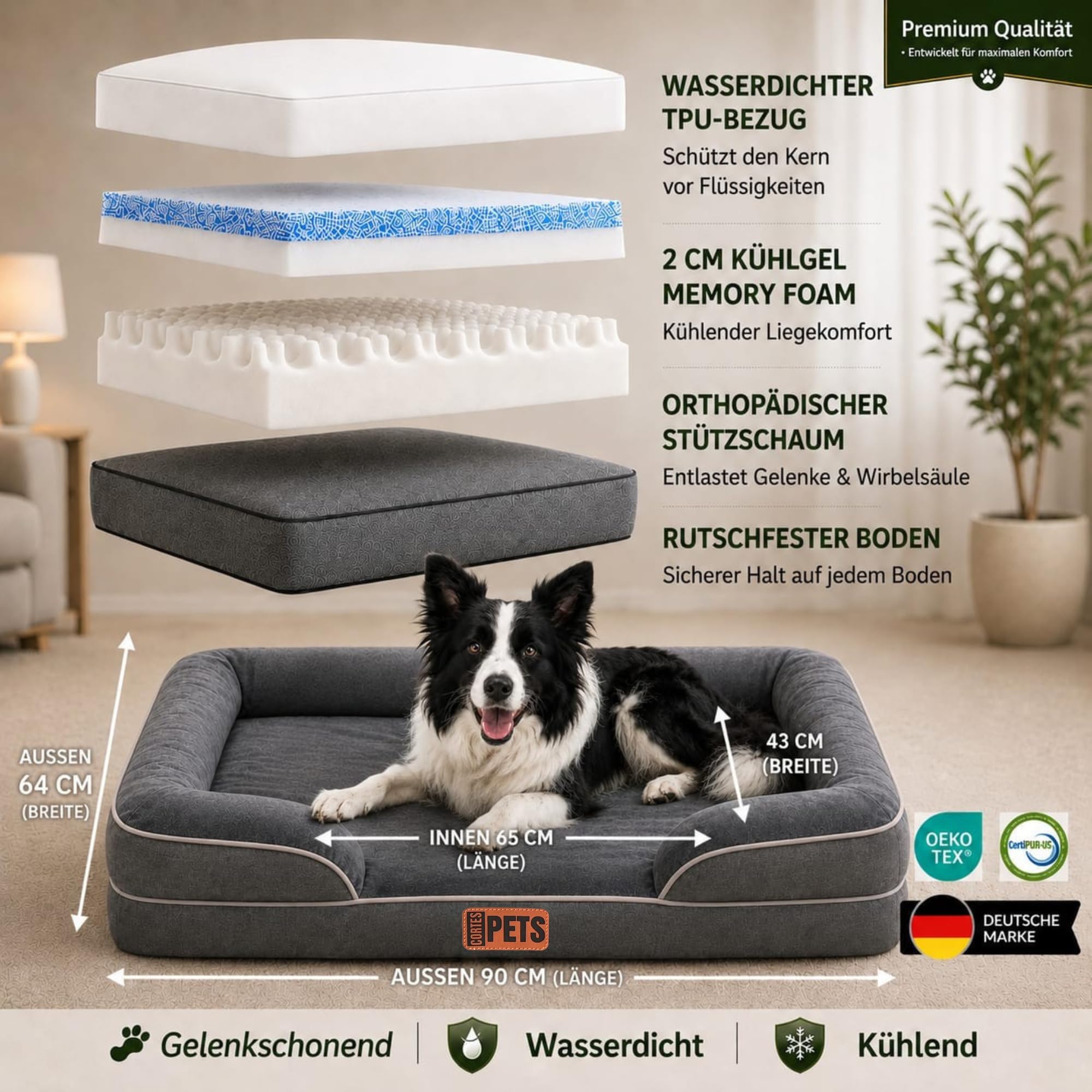 Cama Ortopédica para Perros medianos - con Espuma Viscoelástica, 2 cm de Gel Refrigerante, Impermeable y Base Antideslizante - Sofá para Perro mediano (LARGO: 90cm - ANCHO:64cm ALTO: 17cm)