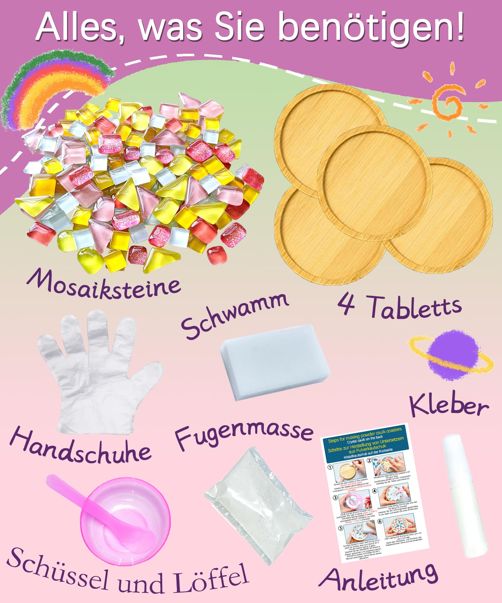 Finsink Mosaik bastelset kinder 4pcs mosaik untersetzer bastelset diy holz untersetzer Set Mosaiksteine zum basteln set Geburtstagsgeschenke für Kinder erwachsene