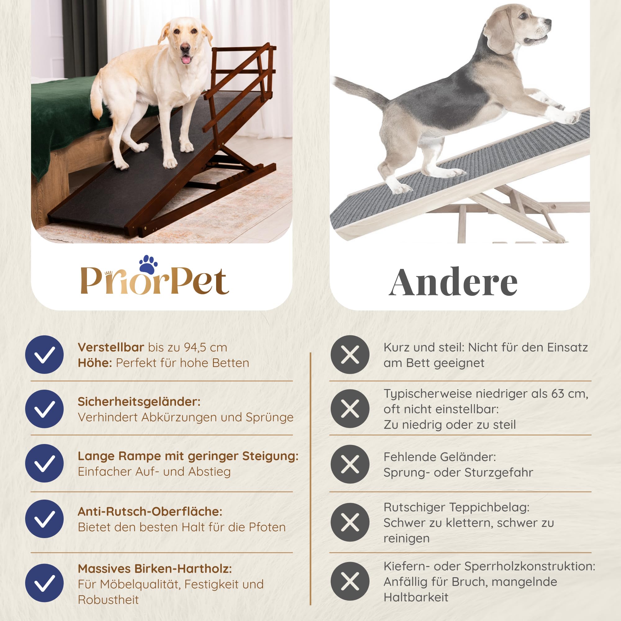 Hunderampe Bett mit Sicherheitsgeländer - Für Große Hunde bis zu 90 kg - Höhenverstellbare hundetreppe für Betten bis zu 94.5cm - Breite 49,5 cm - Klappbar - Anti-Rutsch-Griff - Birkenholz - Walnuß