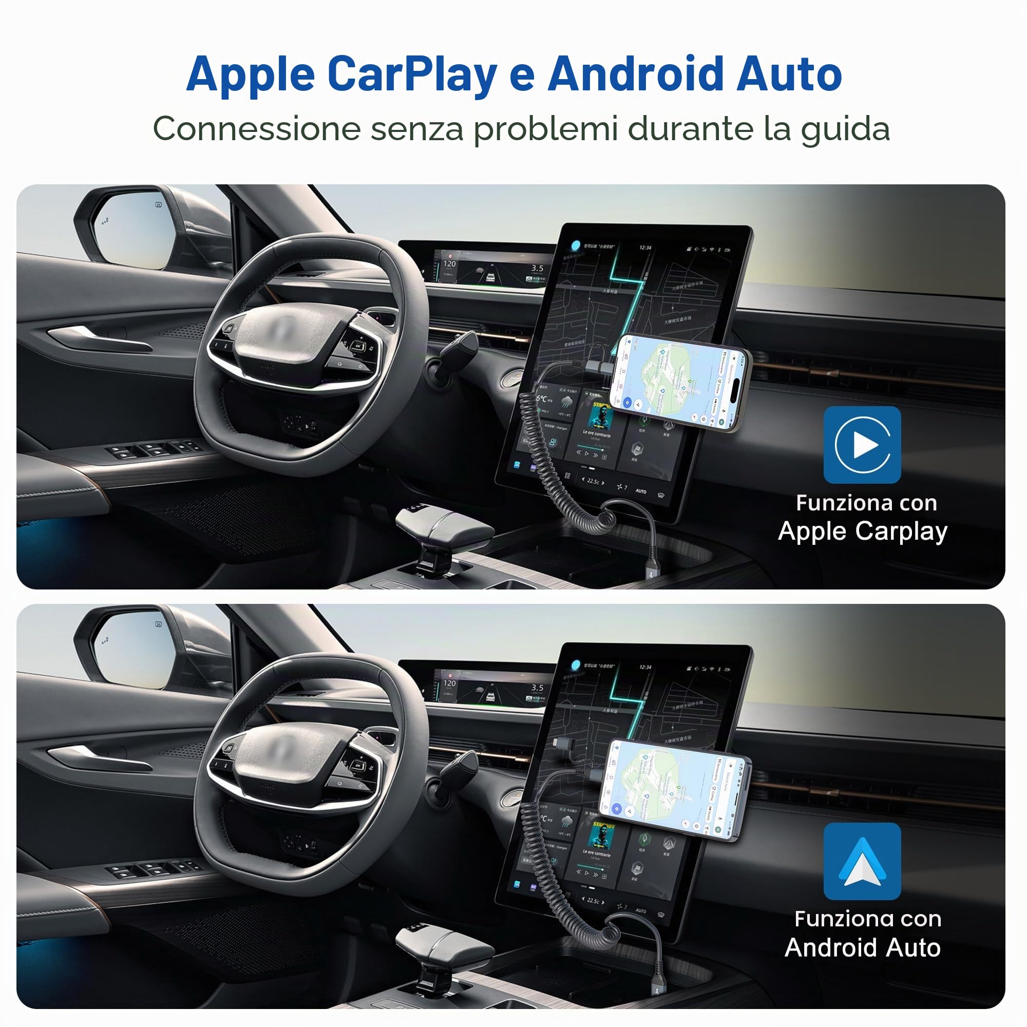 Cavo USB A a USB C e Lightning 2 in 1 per Apple Carplay e Android Auto, Ricarica rapida 3A e dati [Certificato MFi] Cavo a spirale corto USB Lightning, compatibile con iPhone 16/15/14/13/Android