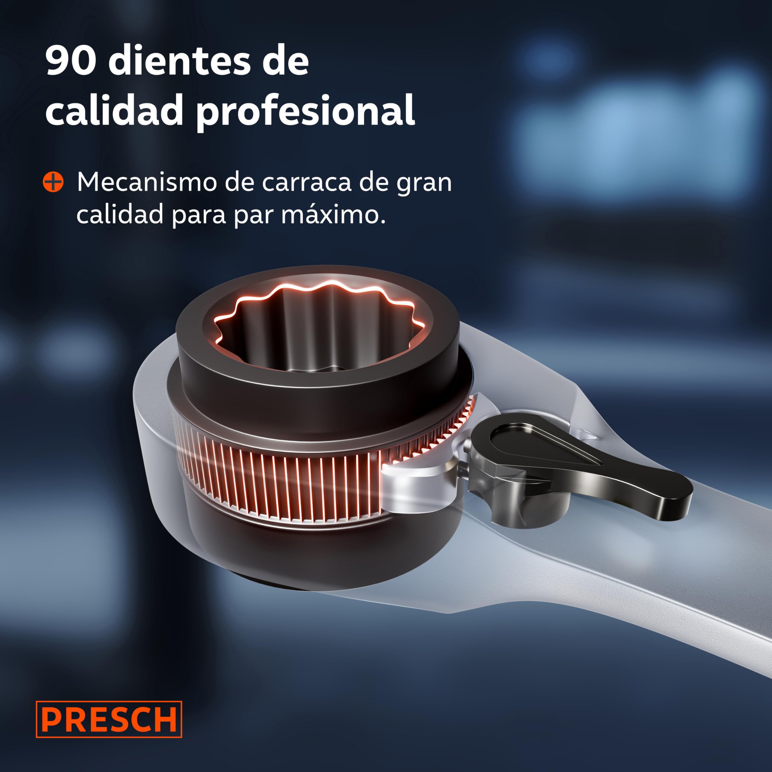 PRESCH Llave carraca doble 4 en 1 (9/11mm y 14/15mm) – Función de reversible – Con 90 dientes y ángulo de retroceso de 4° – 4 tamaños en una sola llave de carraca - Extremadamente resistente