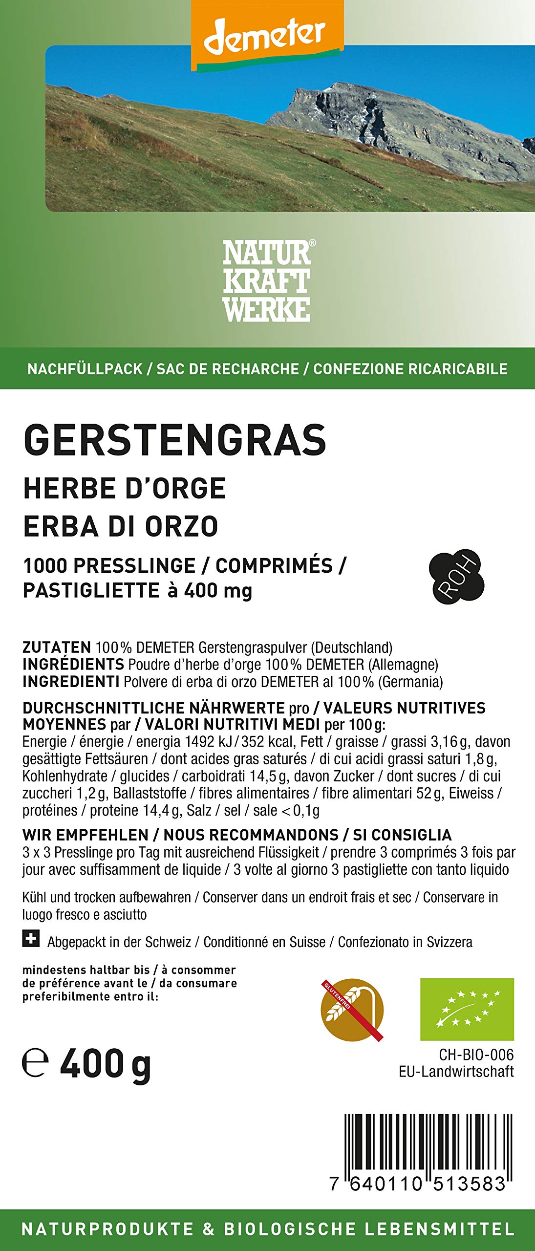 Gerstengras Demeter, 1000 Presslinge à 400 mg