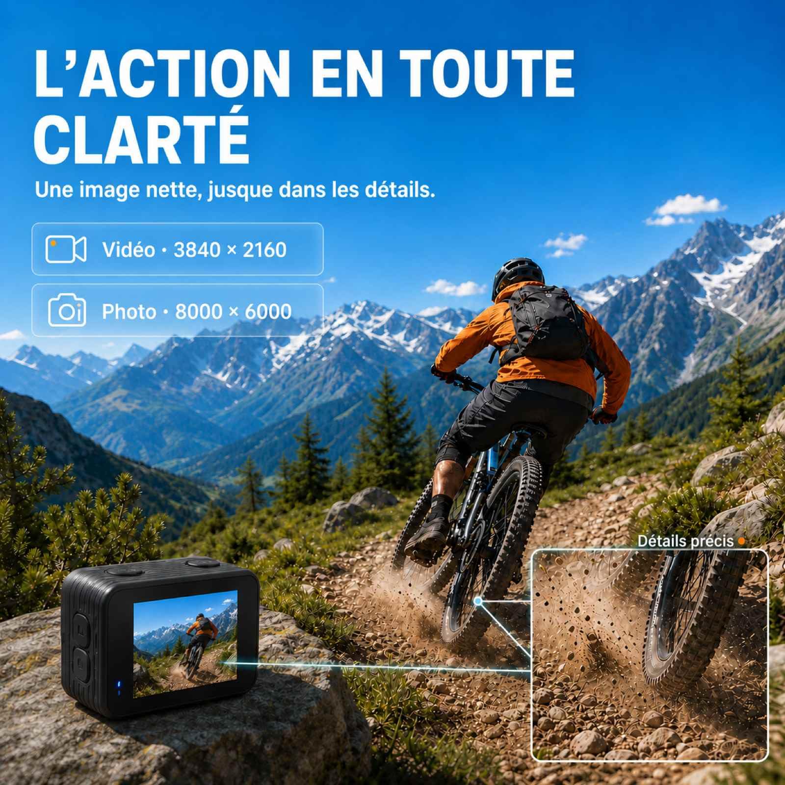 T20M Caméra d'action 4K pour vélo & POV Casque, étanche 5 m sans boîtier, stabilisation EIS 6 Axes, Double écran, 2 Batteries, Station d'accueil et Carte 64 Go