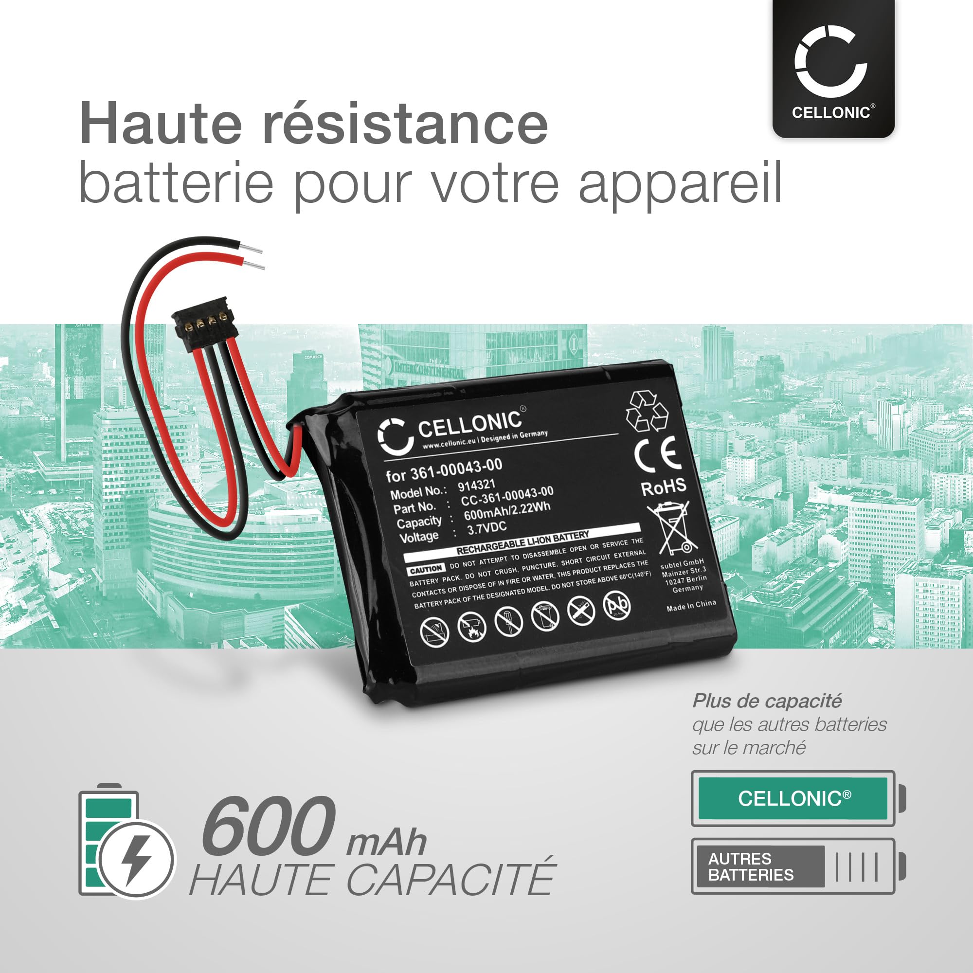 CELLONIC 1x Batterie Compatible avec Garmin 010-01626-02, Edge 200 | 1x, (600mAh, 3.7V, Lithium Ion), GPS / Navigation Batterie pour Garmin Edge Explore 820, 200, 500, 361-0043-00, 361-0043-01