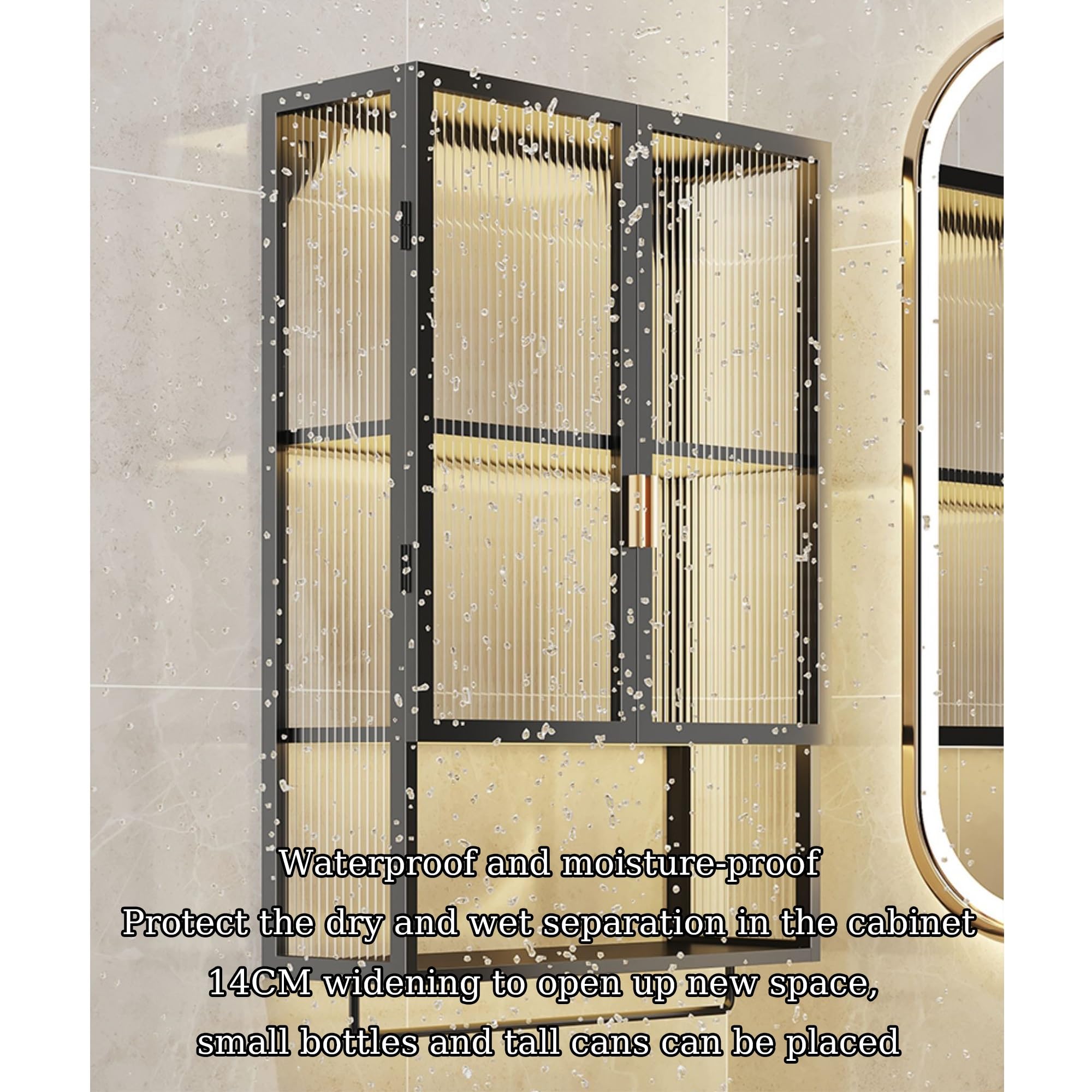 Armadietto da parete moderno nero elegante in metallo con anta in vetro, facile installazione, ideale per bagno, soggiorno, cucina, soluzione salvaspazio