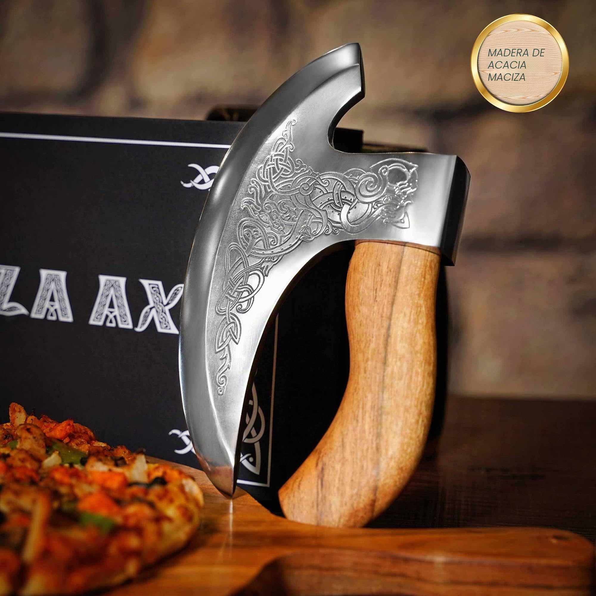 Mythrojan Pizza Axe Cortador de acero inoxidable premium con mango ergonómico y caja de madera, hoja resistente para cortar y picar pizza sin esfuerzo