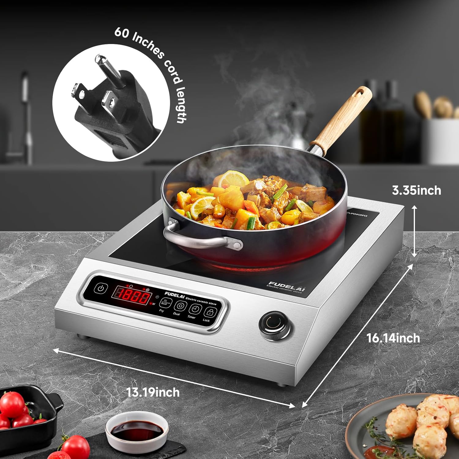 1800W Commercial Grade Electric Cooktop with 9 Power Levels - Infrared Electric Burner with EUROKERA Micro-Ceramic Panel, Timer, Safety Lock, for Restaurant, Home Kitchen Use