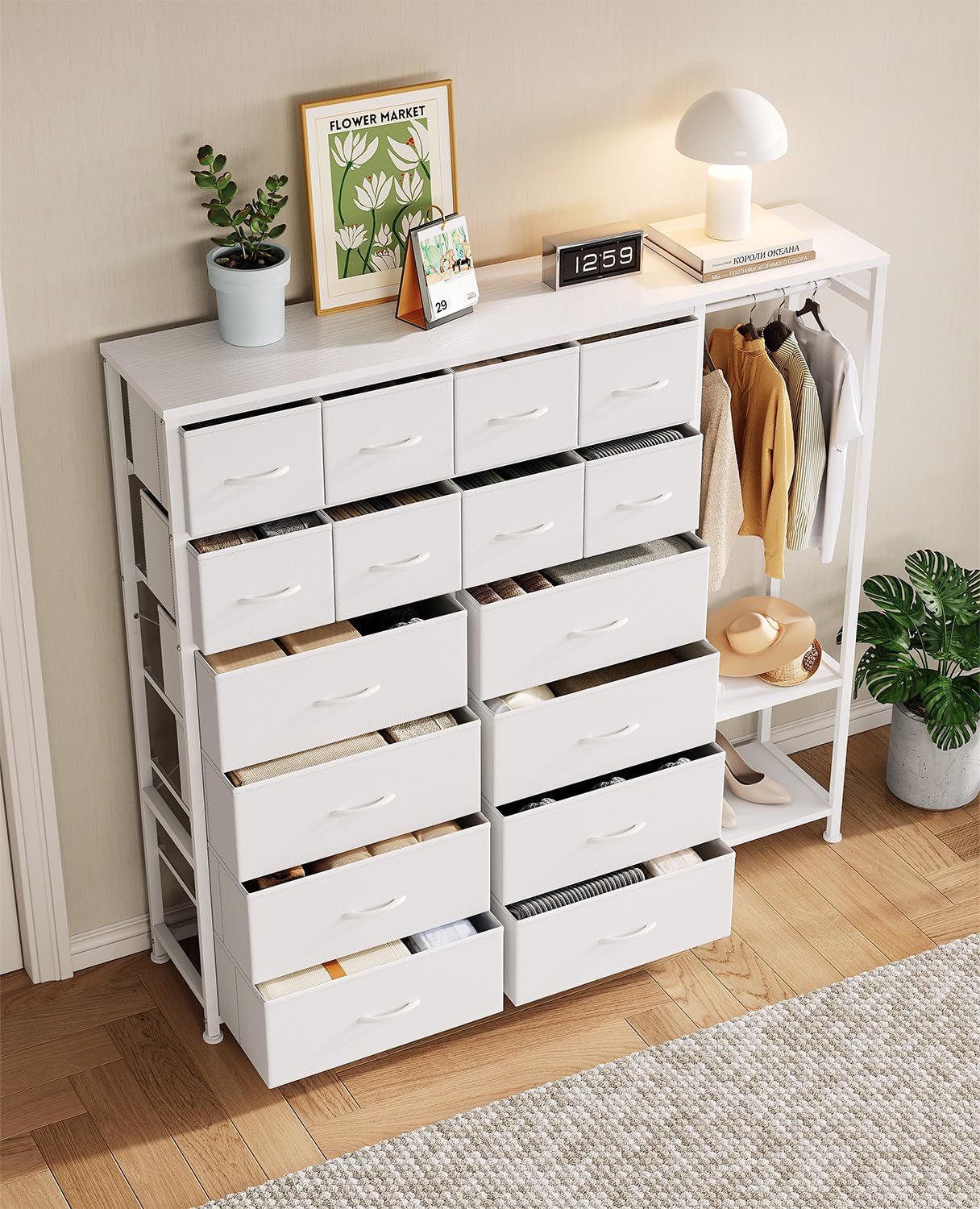 Garvee Commode De Rangement 16 Tiroirs avec Penderie Et Étagères – Organiseur en Tissu pour Chambre, Dressing Ou Entrée, Blanc