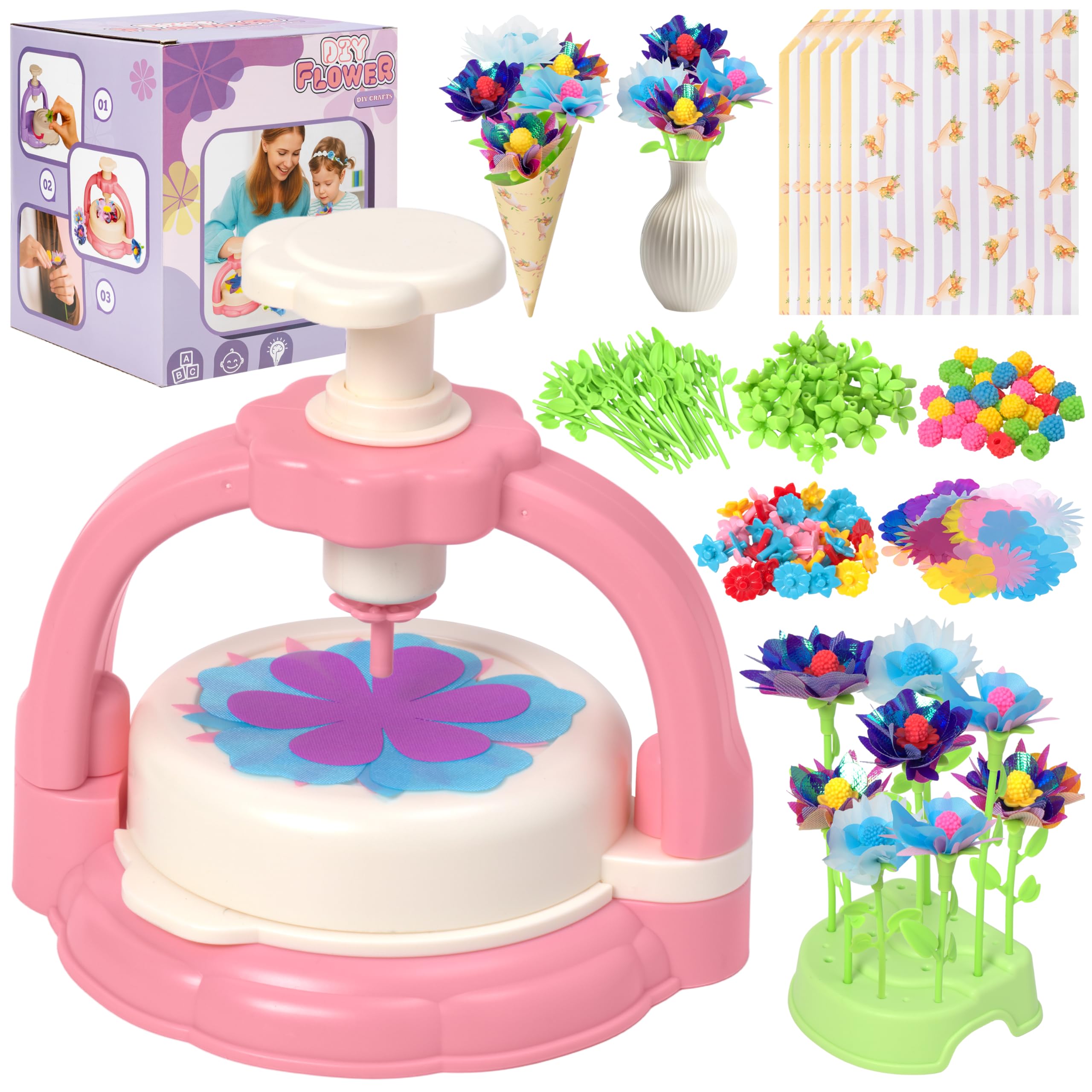 269 Stück Blumenpresse Bastelset mit Blumenmaschine Blumenkunstpapier, Kreatives DIY Schöne Stoffblumensträuße Blumen Spielzeug Kunsthandwerk für Mädchen Jungen Aktivitäten Geburtstagsgeschenk, Rosa