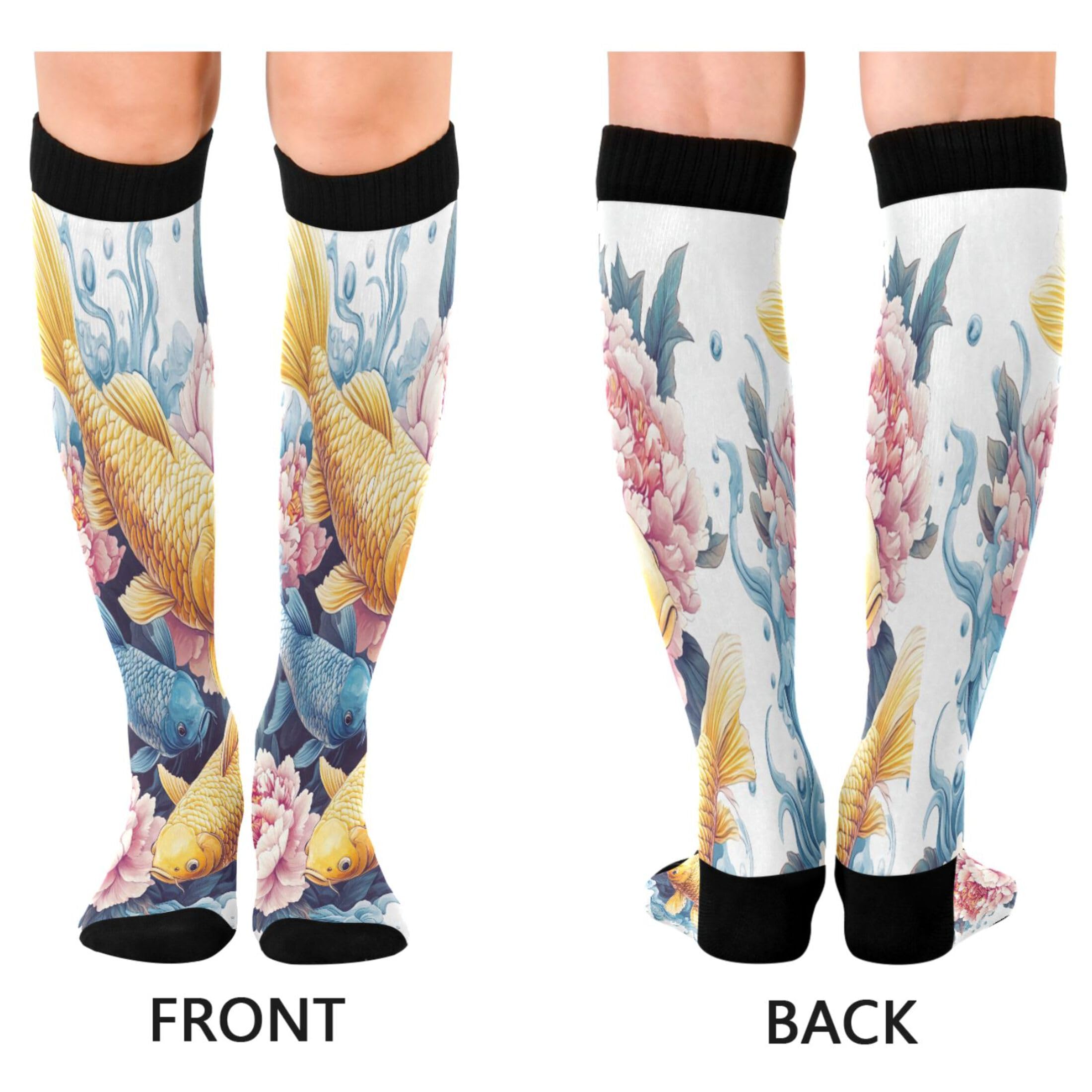 Burbuja Yellow Blue Carp Peonies Compression Socks for Women Men (20-30mmHg), Knee High Socks Circulation Support for Sport Running Hiking Nurse, 1 Pair