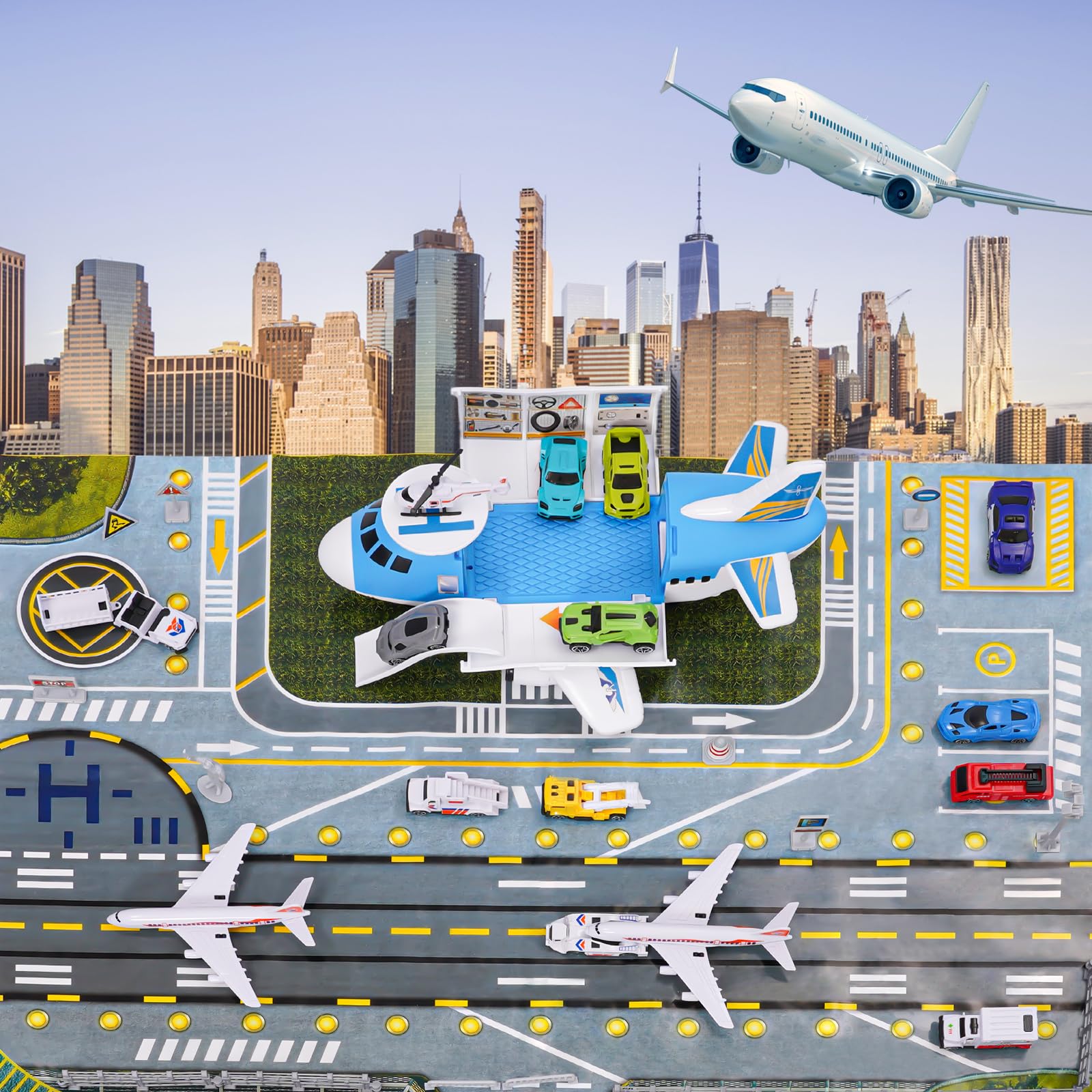 Set Giocattoli Trasporto Aereo Auto 15 Mezzi con Segnaletica Stradale Tappetini da Gioco Regalo Bambini 3+