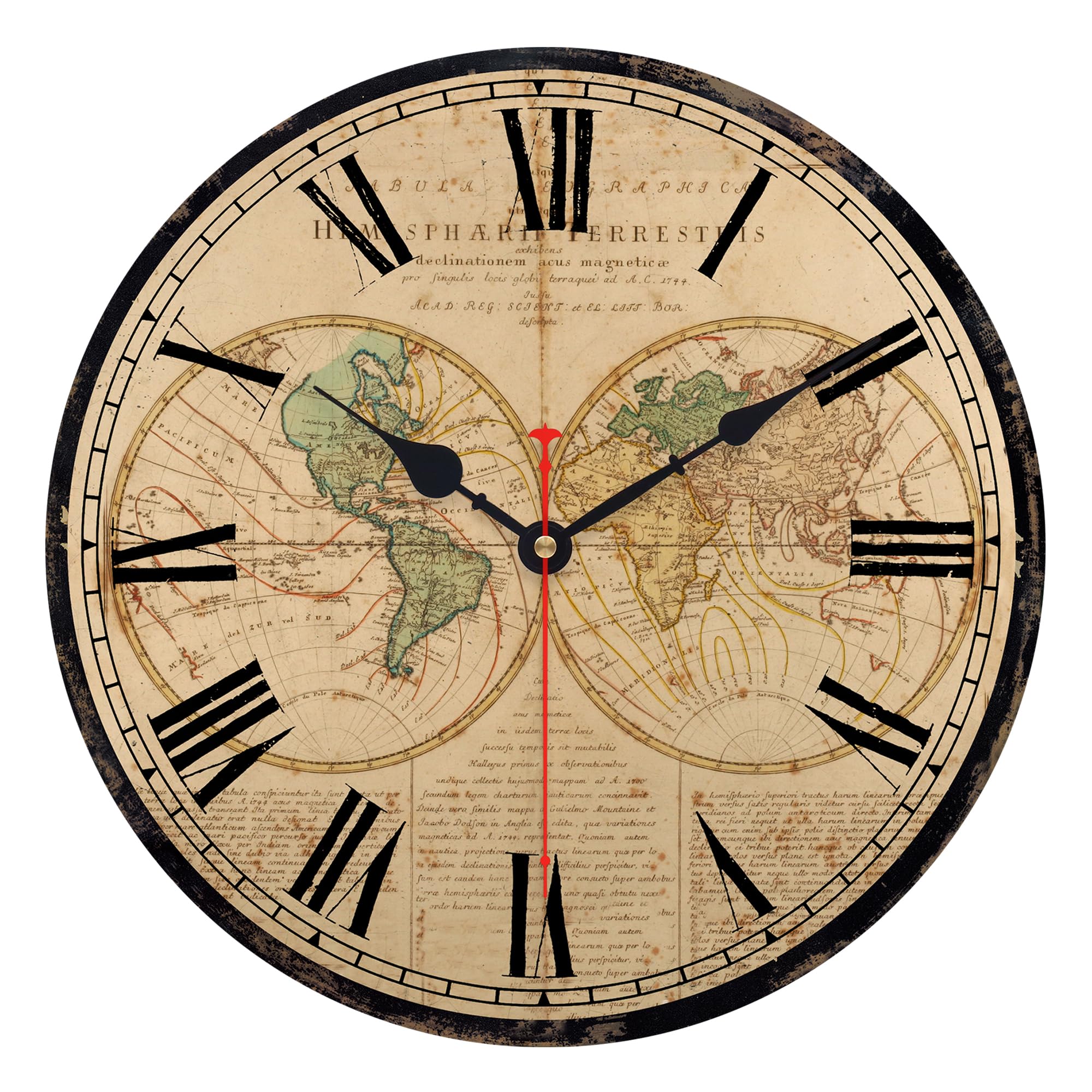TAHEAT Mappa del mondo Orologio da parete, Grande Classico In legno Orologi, Silenzioso Non ticchettio Facile Da Leggere per Casa/Ufficio/Scuola, 34 cm