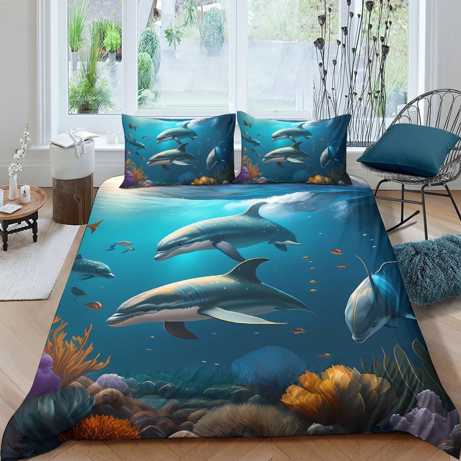 Ctjqhvkz Style-1 3D Printed Ocean Dolphin Fitted Sheet Microfiber Soft Washable Underwater Coral Mattress Cover For Bedroom Home Decor Single（135X200cm）