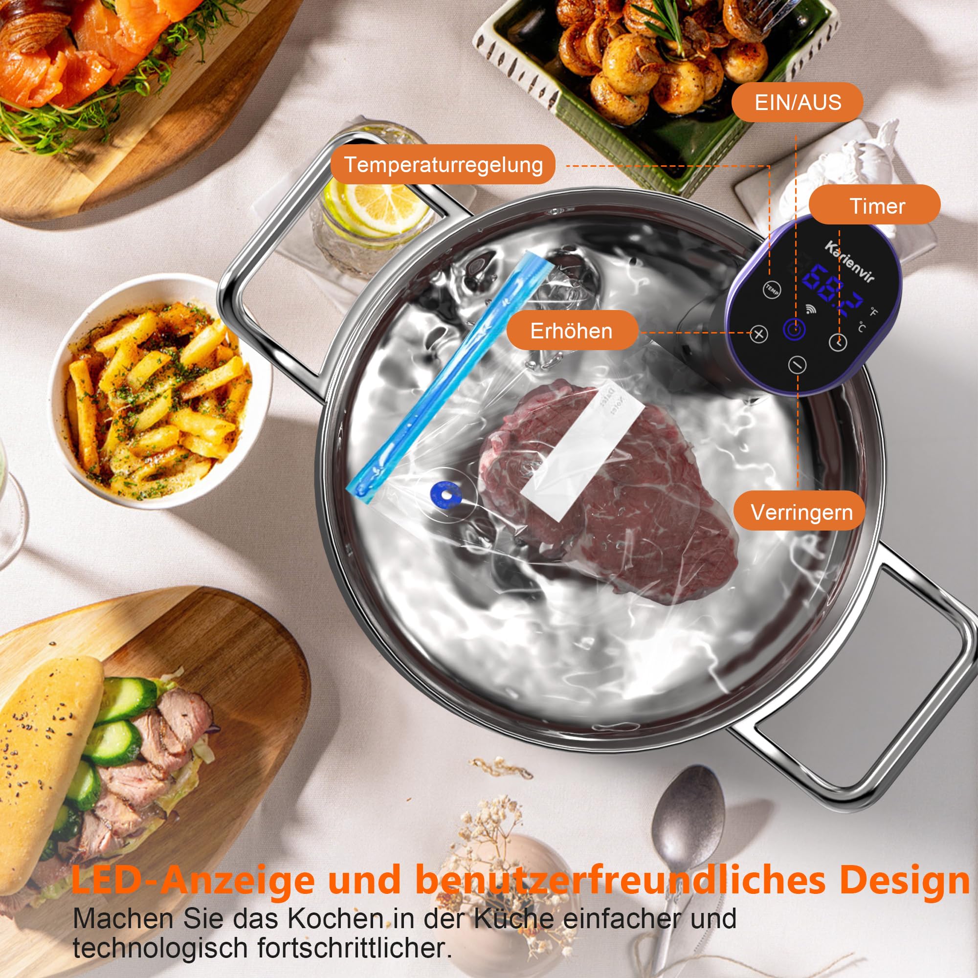 Sous Vide Garer Stick 1400W, Sous Vide Stick mit LCD Touchdisplay, Wifi Präzisionskocher Präziser, IPX7 Wasserdicht, 360° Präzisionskochtopf Immersion Zirkulation mit Timer